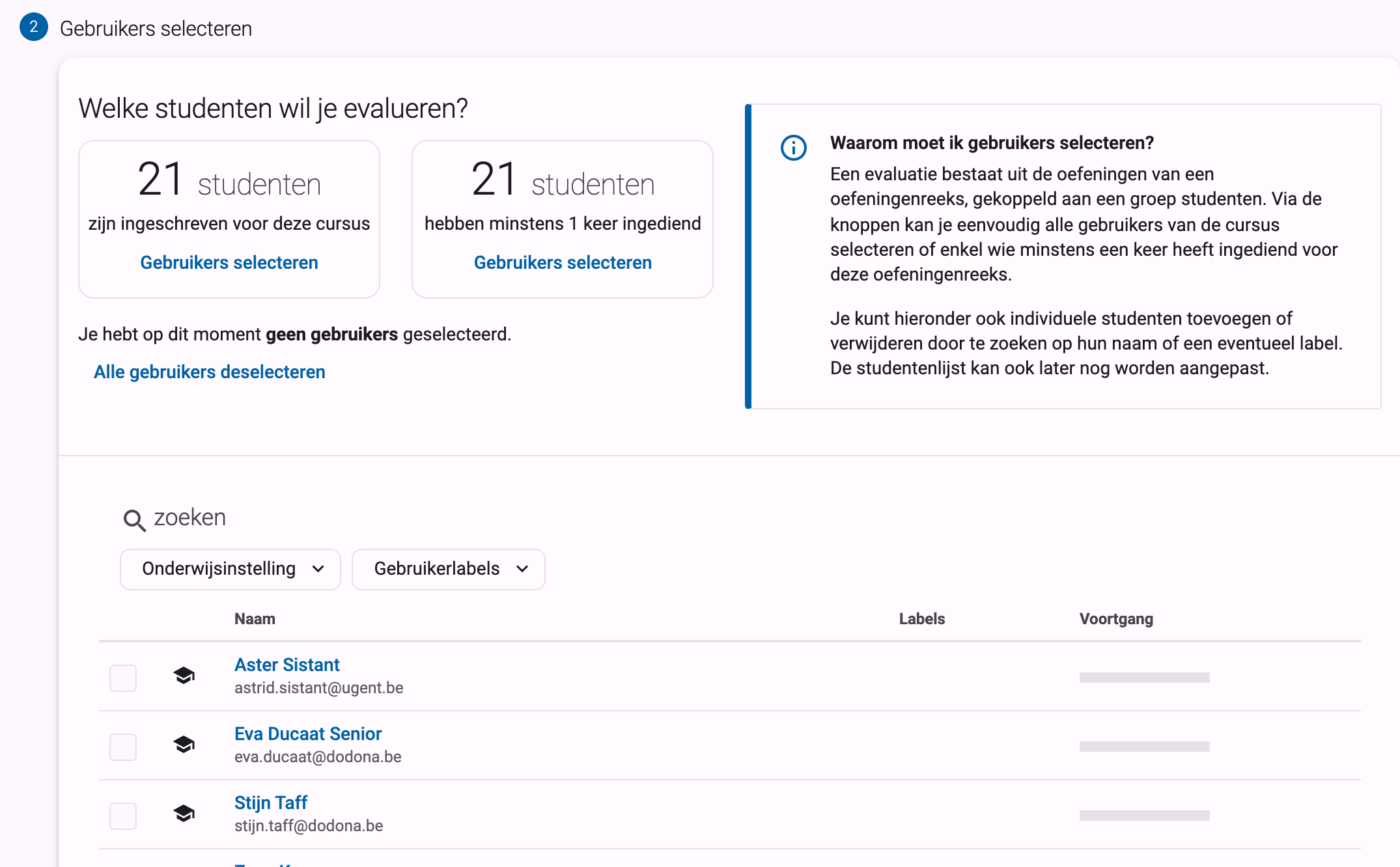 Studentenselectiestap van de evaluatiewizard met de standaardconfiguratieknoppen, het zoekvak en de studentenlijst