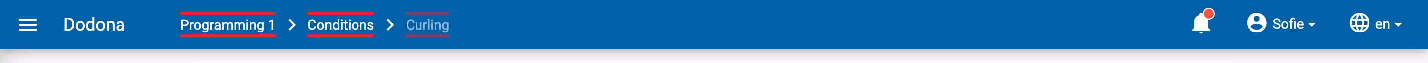Exercise breadcrumbs, all three levels highlighted in the navigation bar