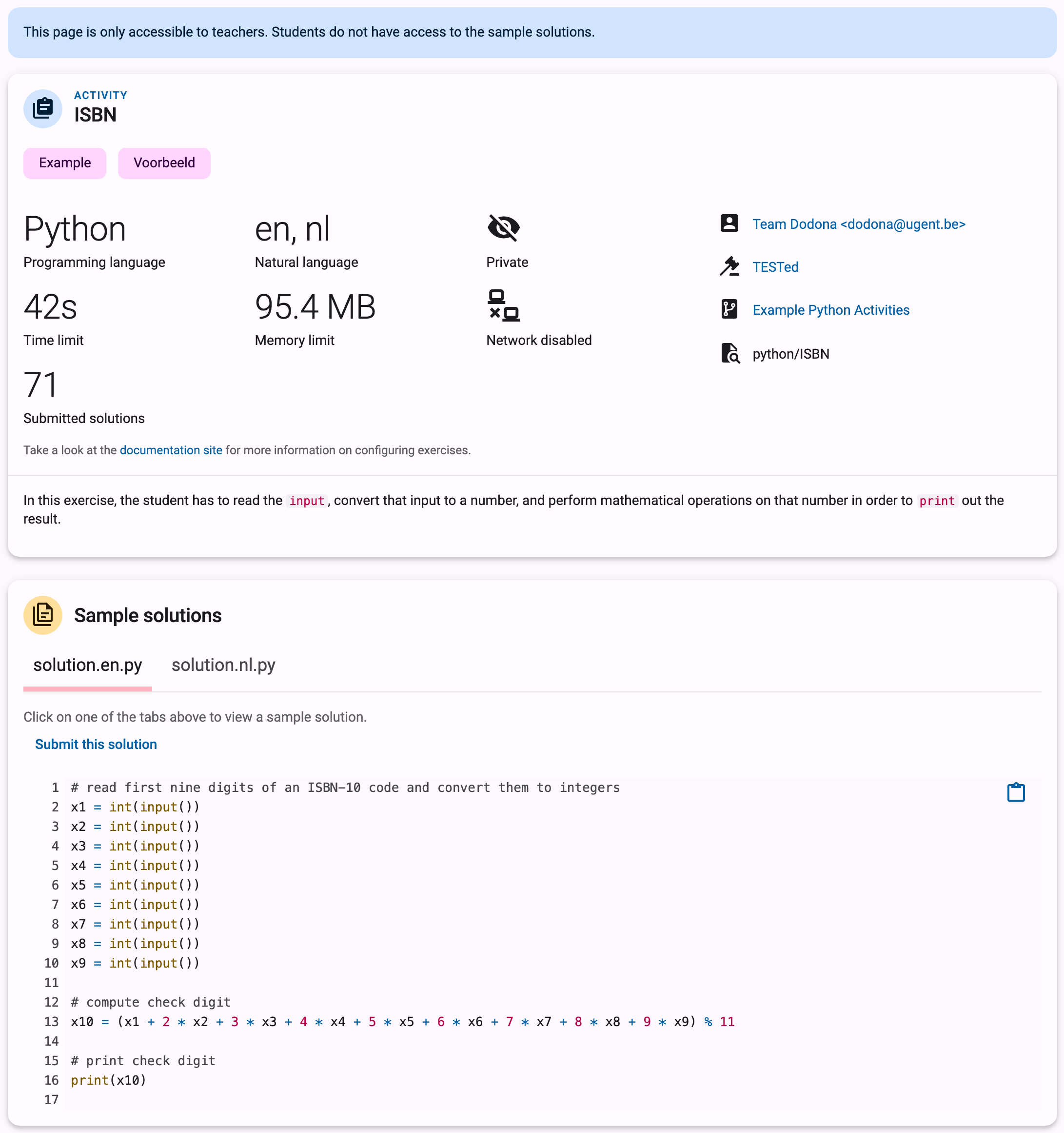 Exercise info page with the language/limits facts row, judge and repository links, and the Sample solutions card