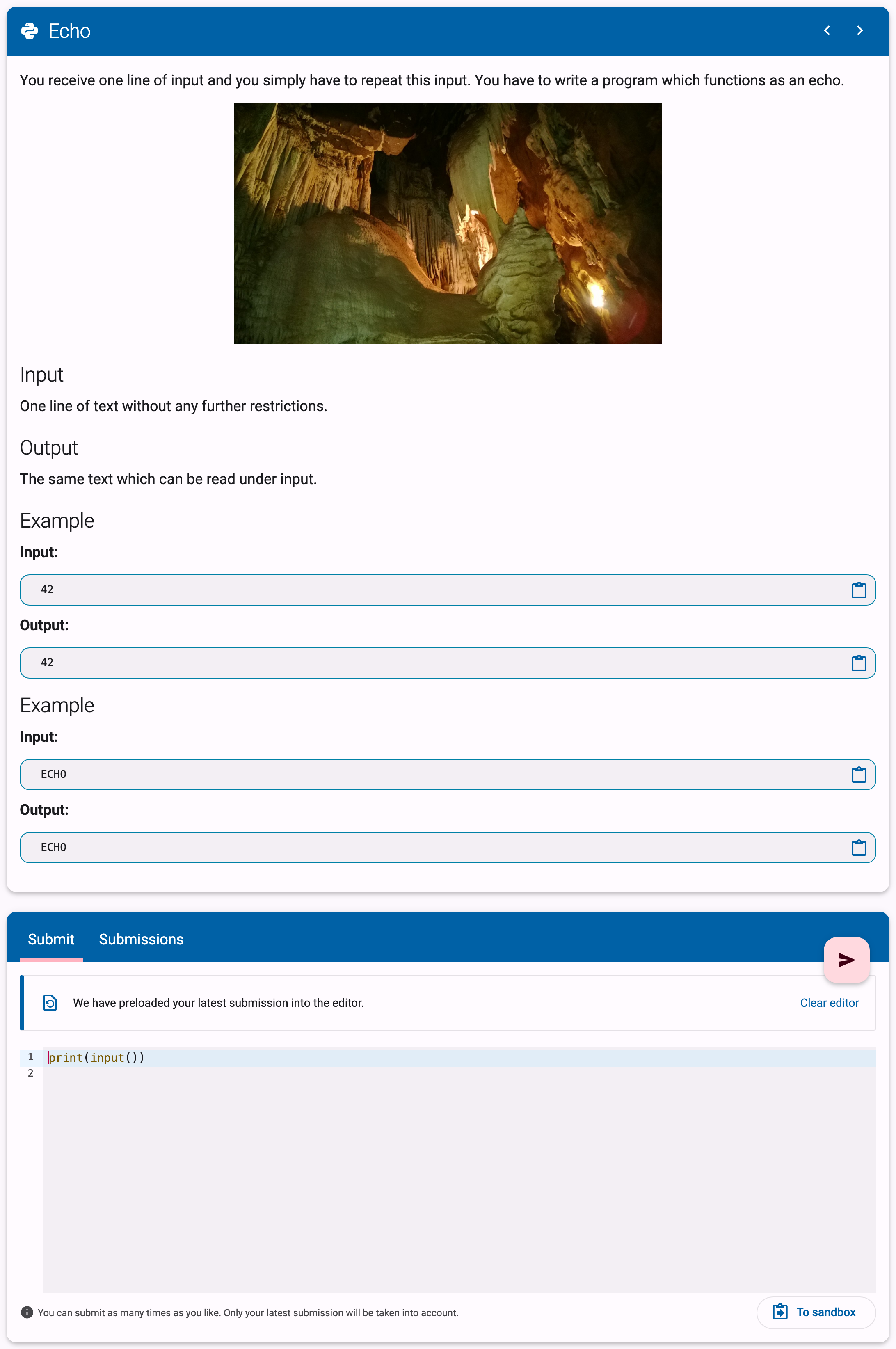 Exercise page with the description card and the hand-in panel