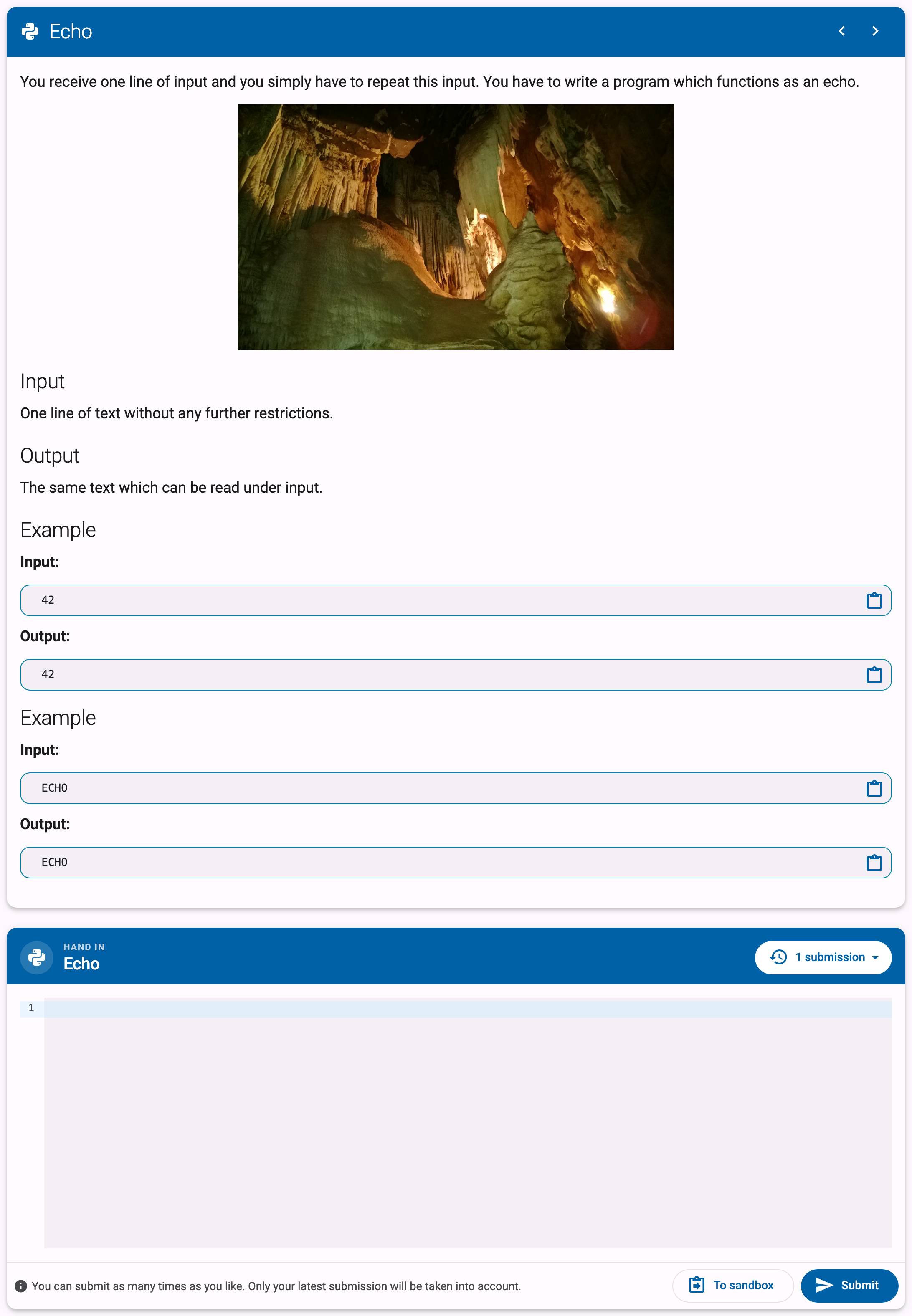 Exercise page with the description card and, below it, the hand-in panel with the code editor and the Submit button