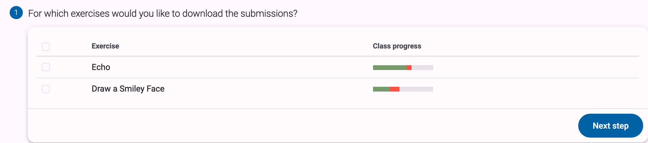 Export wizard step 1: exercise selection table with a header checkbox and the Next step button