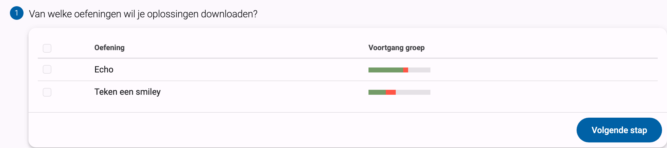 Exporteerwizard stap 1: tabel met oefeningen om te selecteren, met een selectievakje in de hoofding en de knop Volgende stap