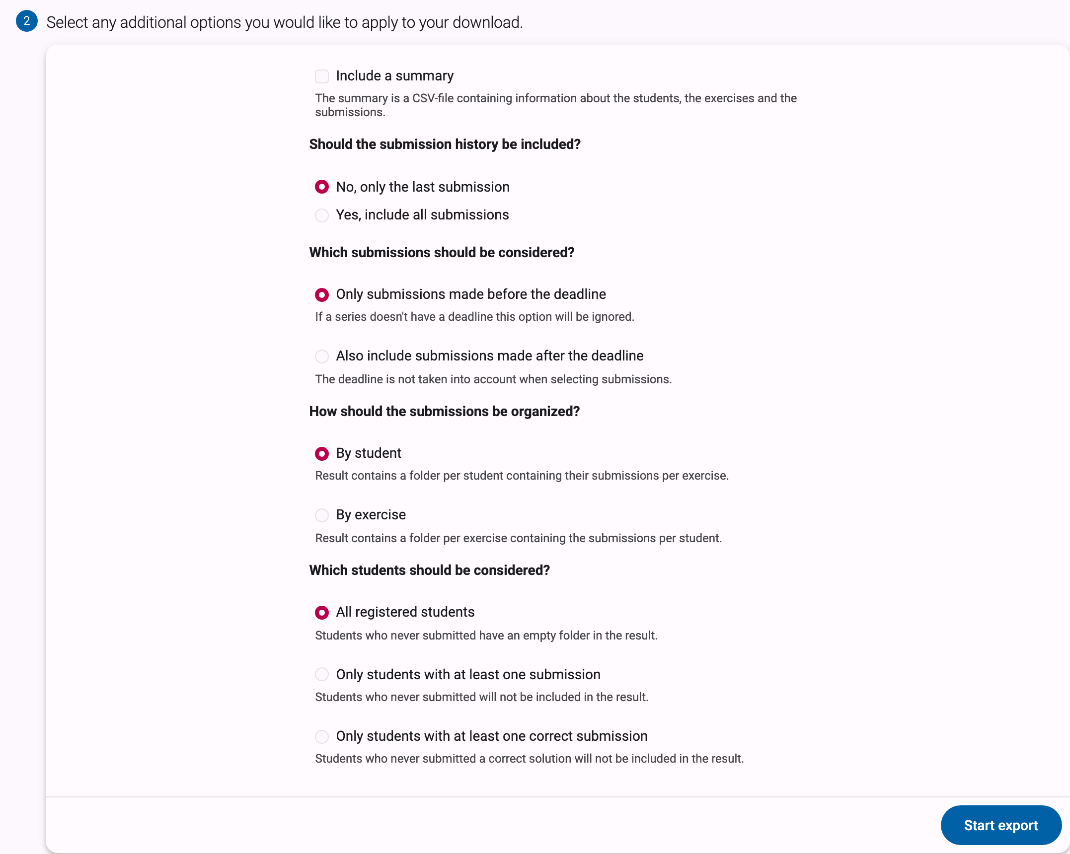 Export wizard step 2: option checkboxes and radio buttons with the Start export button