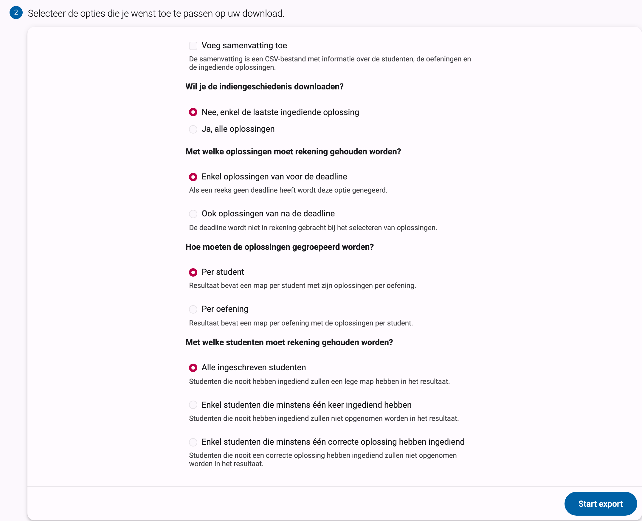 Exporteerwizard stap 2: aanvinkbare opties met de knop Start export