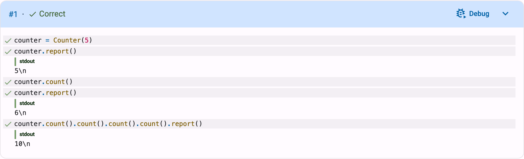 Test case on the feedback page with the Debug button