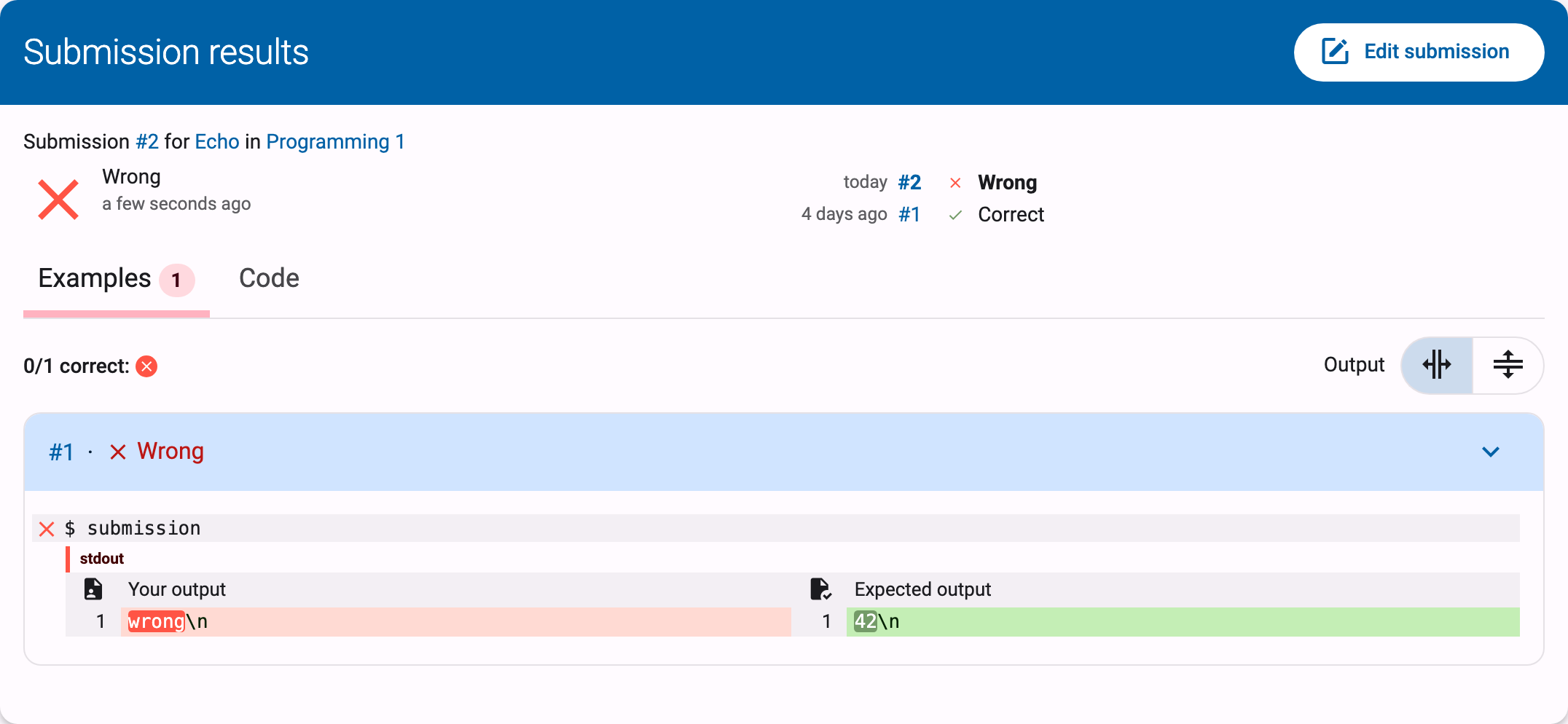 Wrong solution feedback with a red badge and a character-level diff