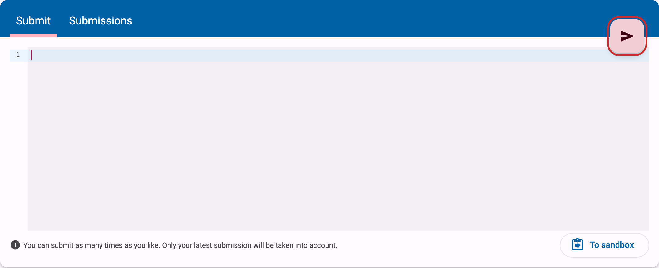Hand-in panel with an empty editor and the highlighted submit button