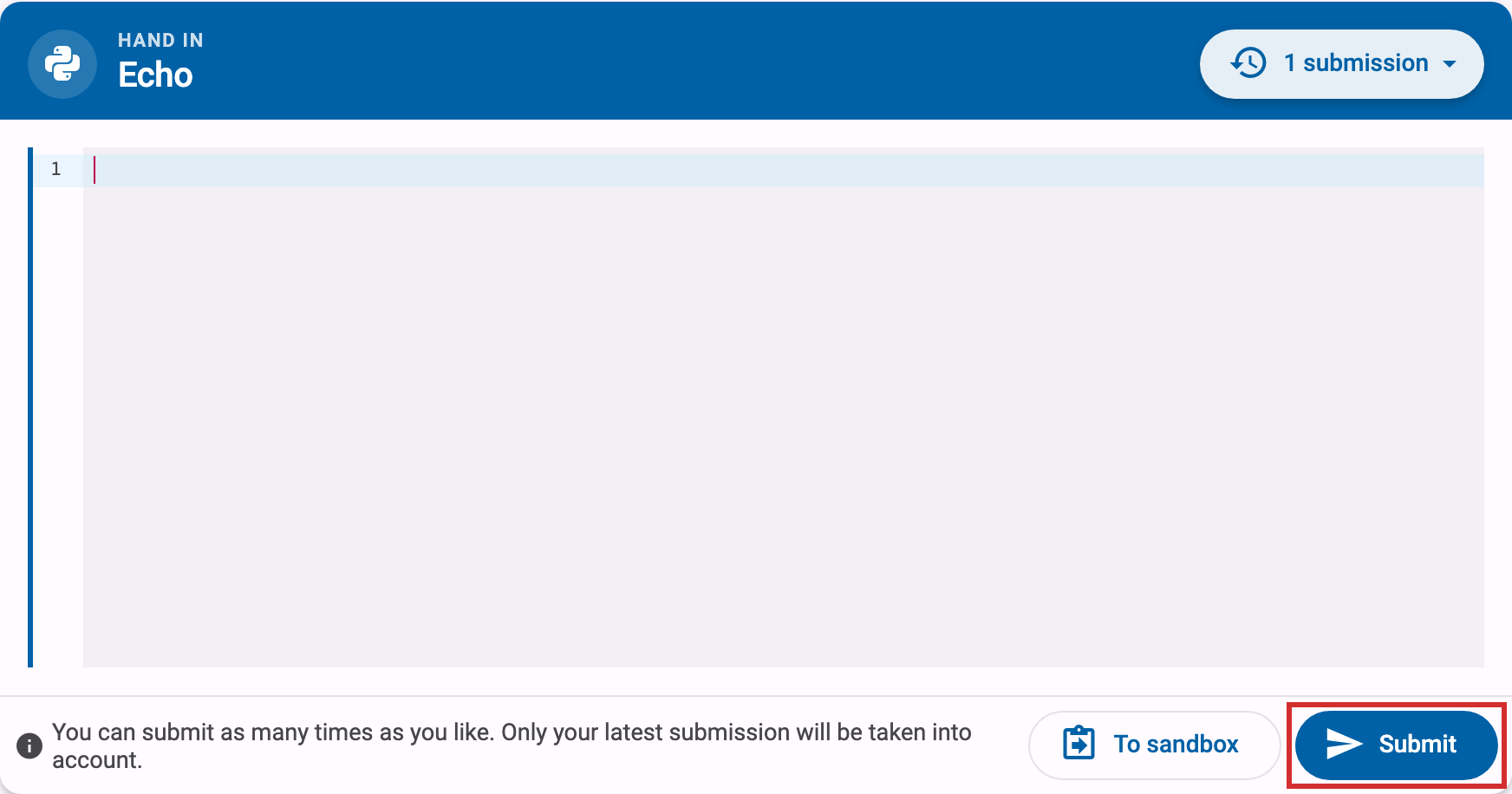 Hand-in panel with an empty editor and the highlighted Submit button