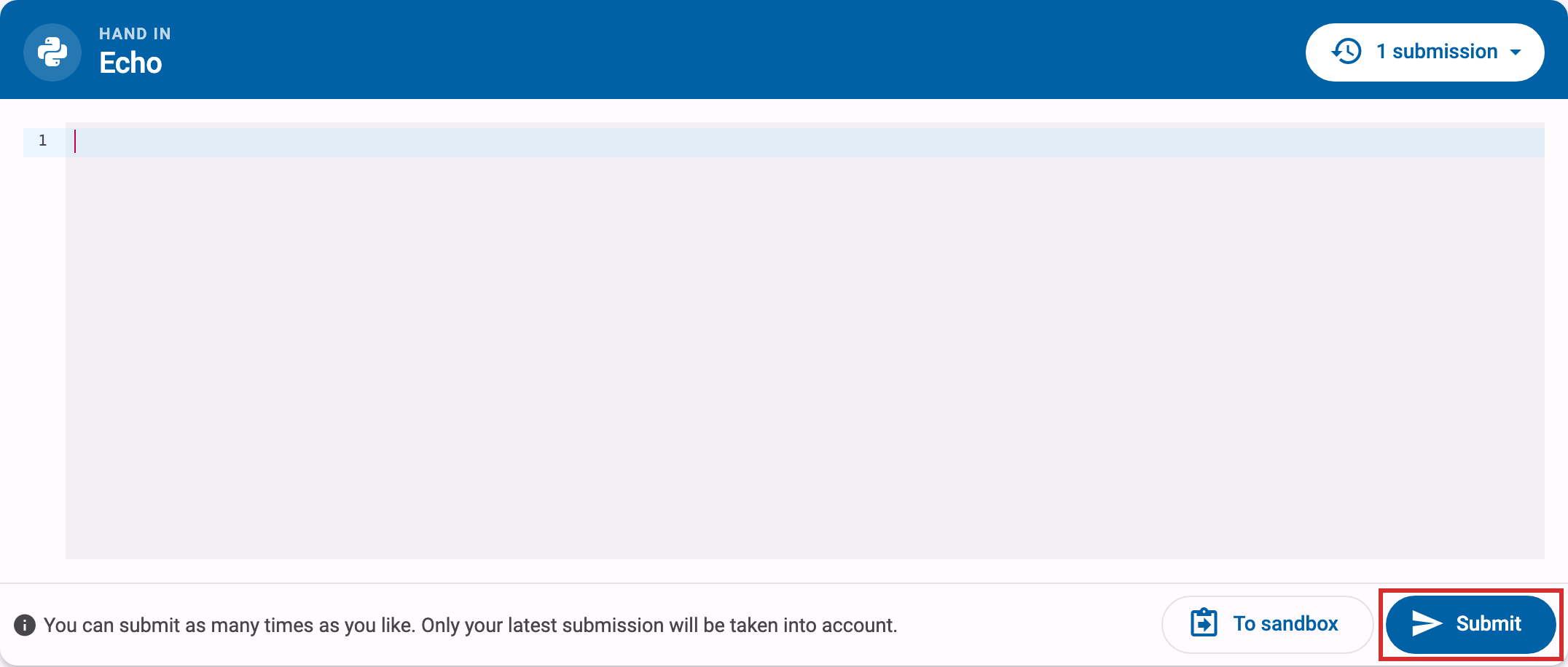 Hand-in panel with an empty editor and the highlighted Submit button