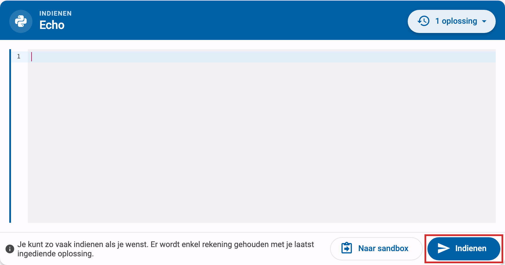 Indienpaneel met een lege editor en de gemarkeerde indienknop