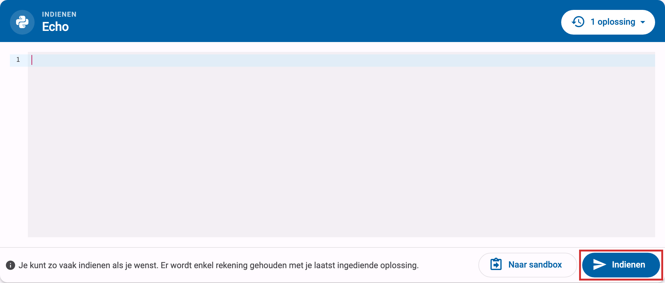 Indienpaneel met een lege editor en de gemarkeerde indienknop