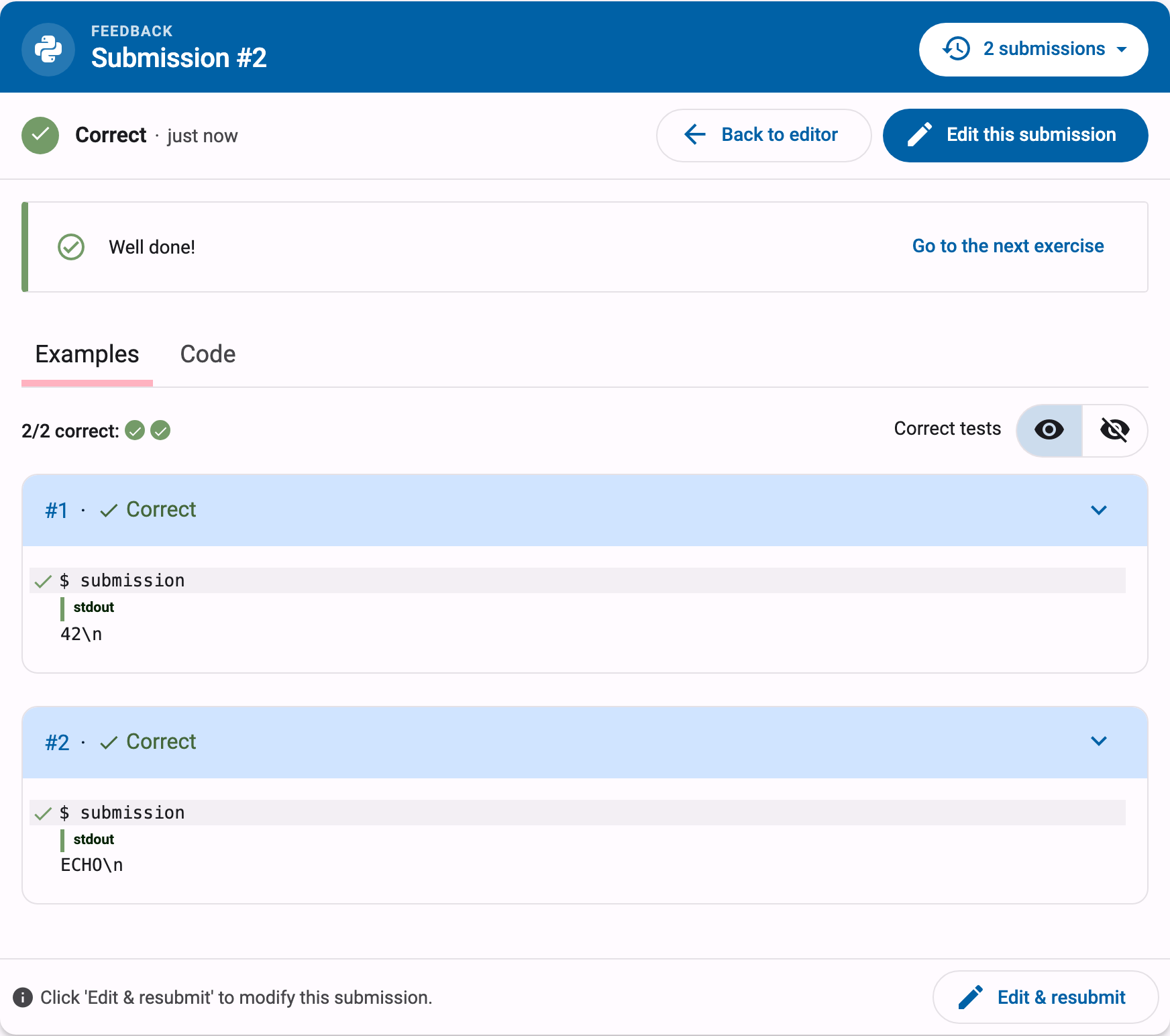 Hand-in panel showing the feedback for a correct submission, with the status bar and the Edit this submission button