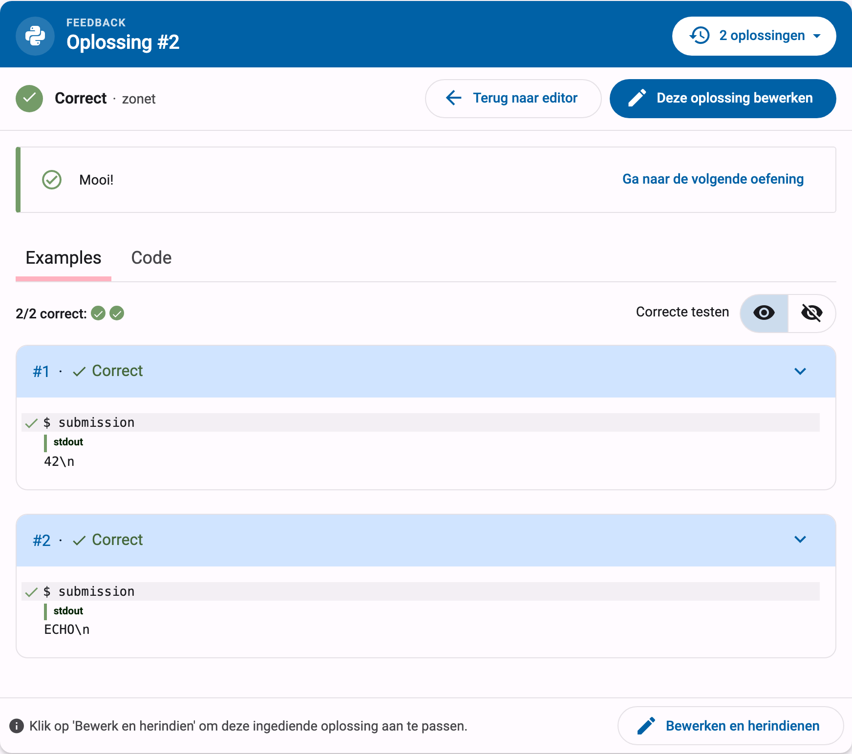 Indienpaneel dat de feedback voor een correcte oplossing toont, met de statusbalk en de knop Deze oplossing bewerken
