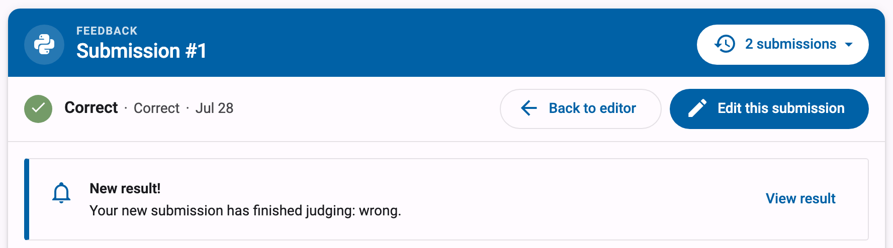 Hand-in panel showing an earlier correct submission, with the New result! message and its View result button above the feedback