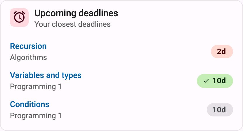 Upcoming deadlines panel on the homepage, listing series from two courses with their deadline labels
