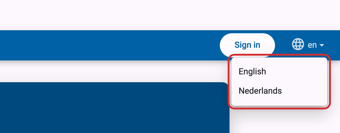 Open language menu in the navigation bar, showing English and Nederlands