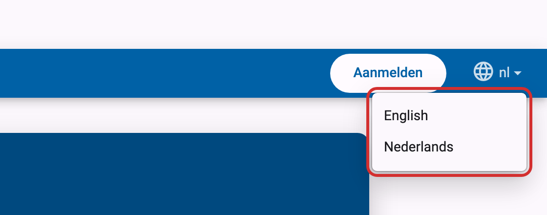 Open taalmenu in de navigatiebalk, met English en Nederlands