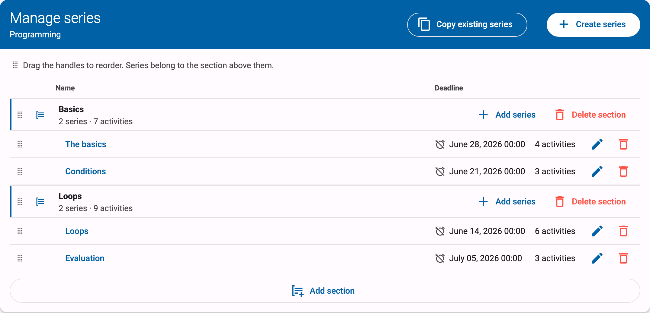 Manage series page with a section row above its series rows, and the Add section button below the table