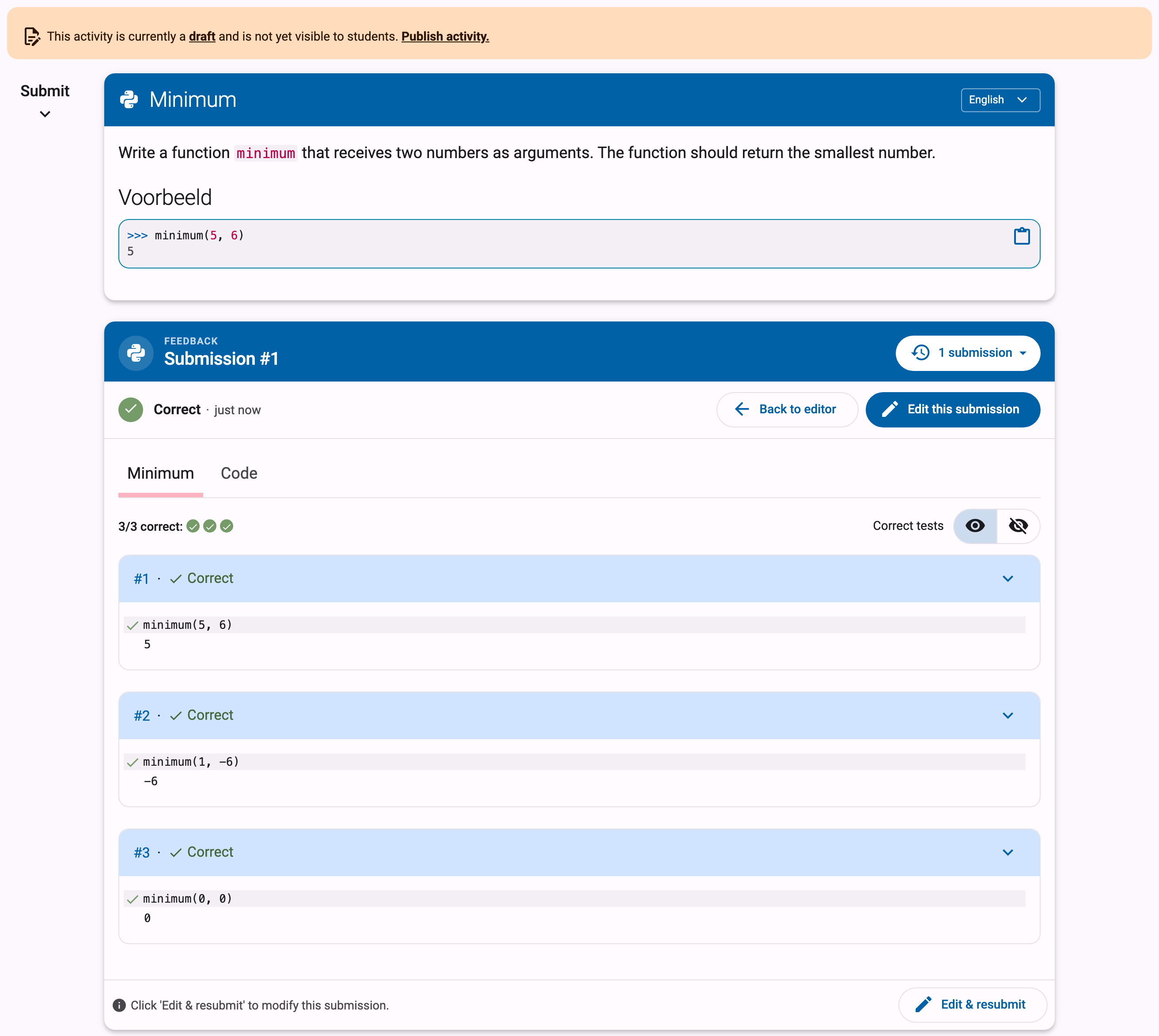 Exercise page of a draft exercise with the publish banner and the feedback for a correct submission