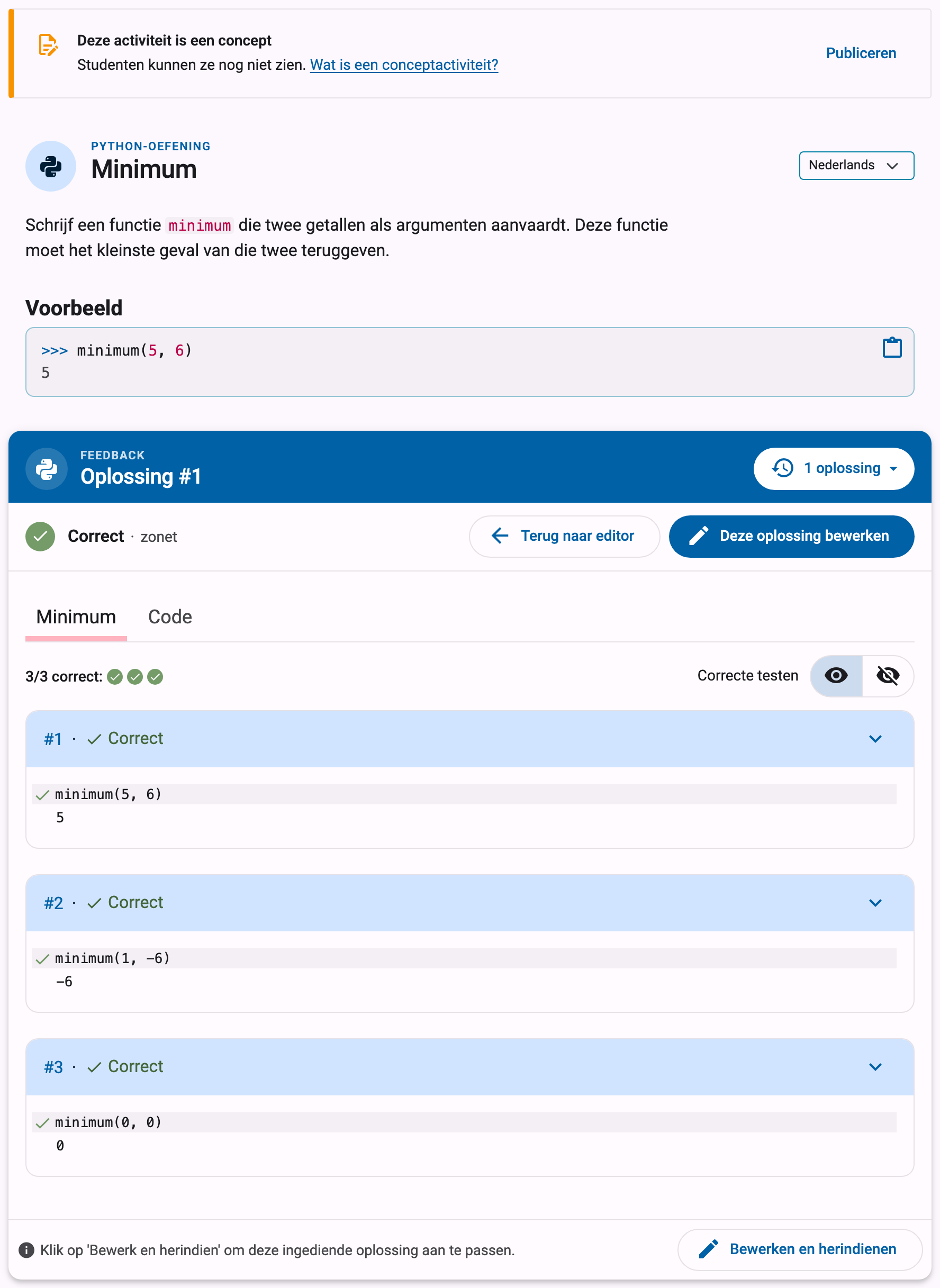 Oefeningpagina van een conceptoefening met de conceptmelding en haar knop Publiceren, en de feedback voor een correcte oplossing