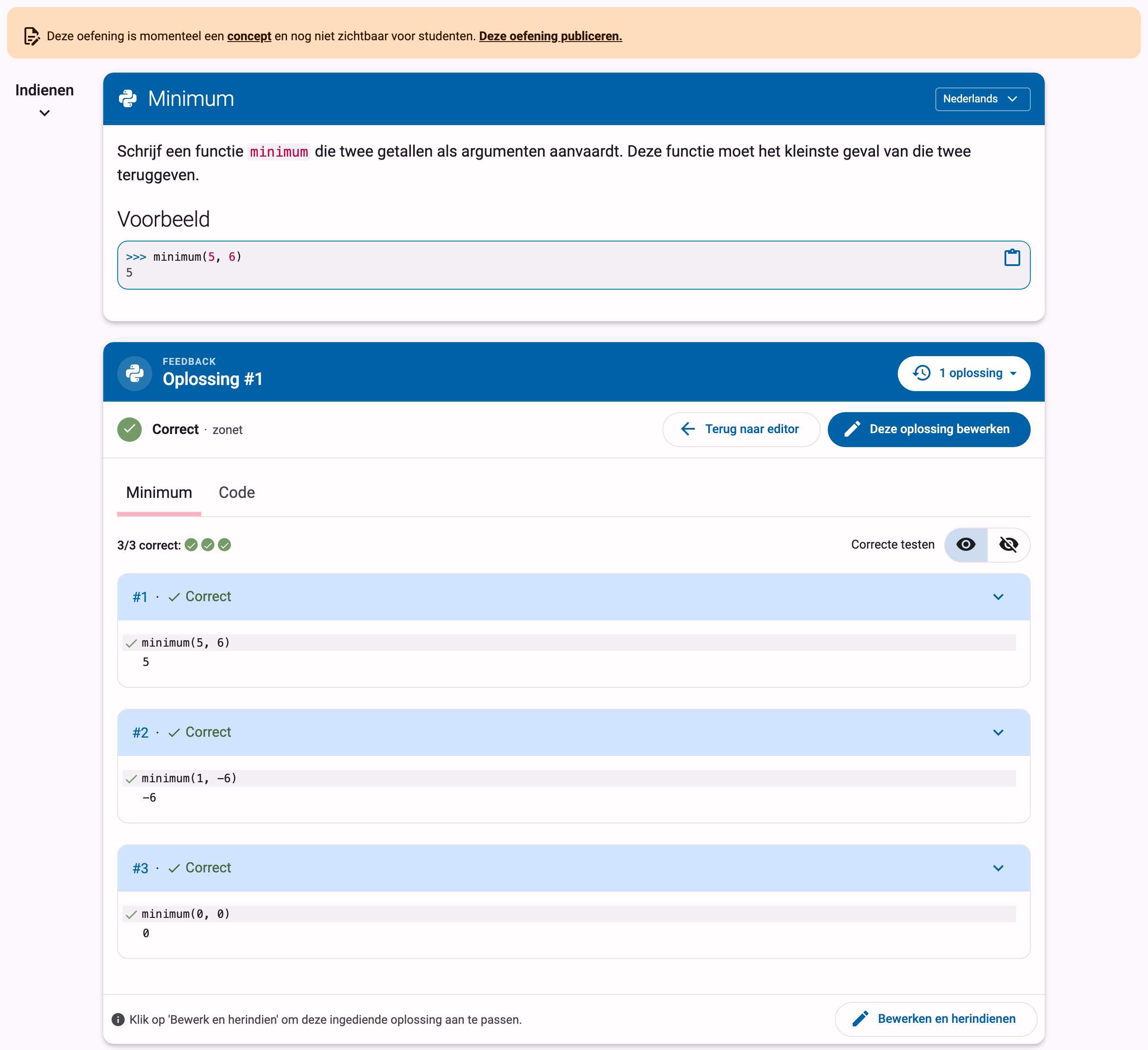 Oefeningpagina van een conceptoefening met de publiceerbanner en de feedback voor een correcte oplossing