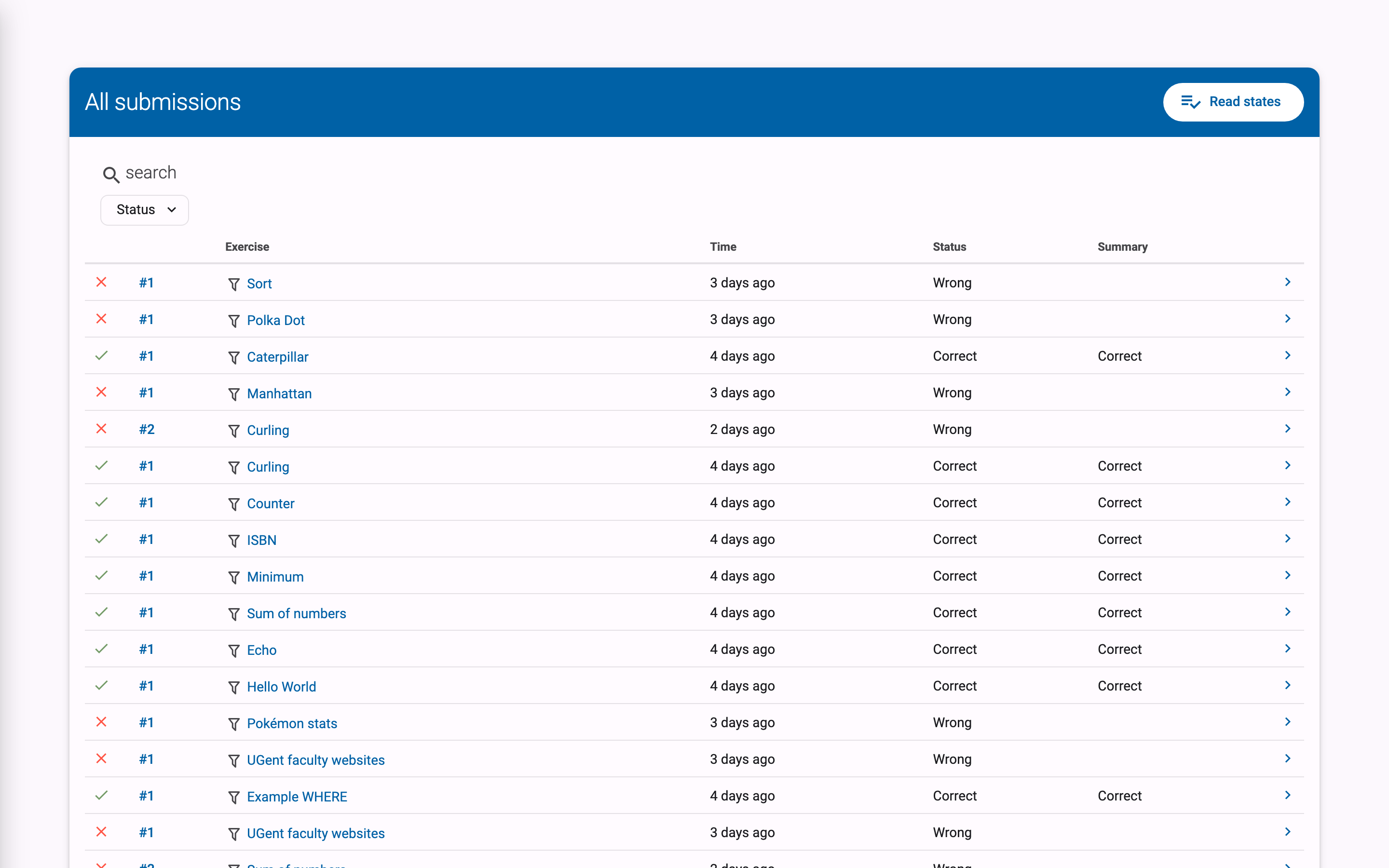 All submissions overview with search field, status filter, and a table of solutions