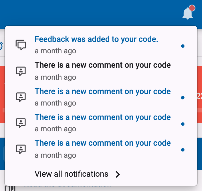 Bell icon with an unread dot in the navigation bar, with its dropdown open showing recent notifications and a View all notifications link