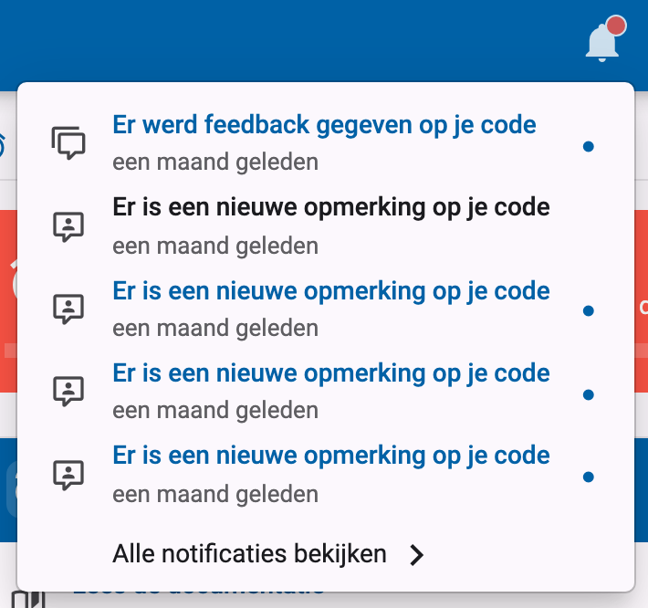 Belletje met ongelezen bolletje in de navigatiebalk, met geopend dropdownmenu dat recente notificaties en een link Alle notificaties bekijken toont