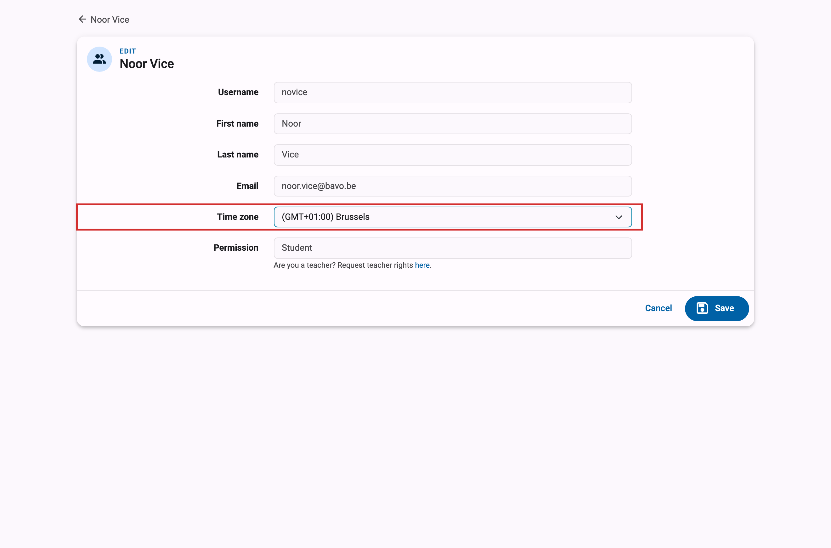 Edit profile page with the Time zone field highlighted