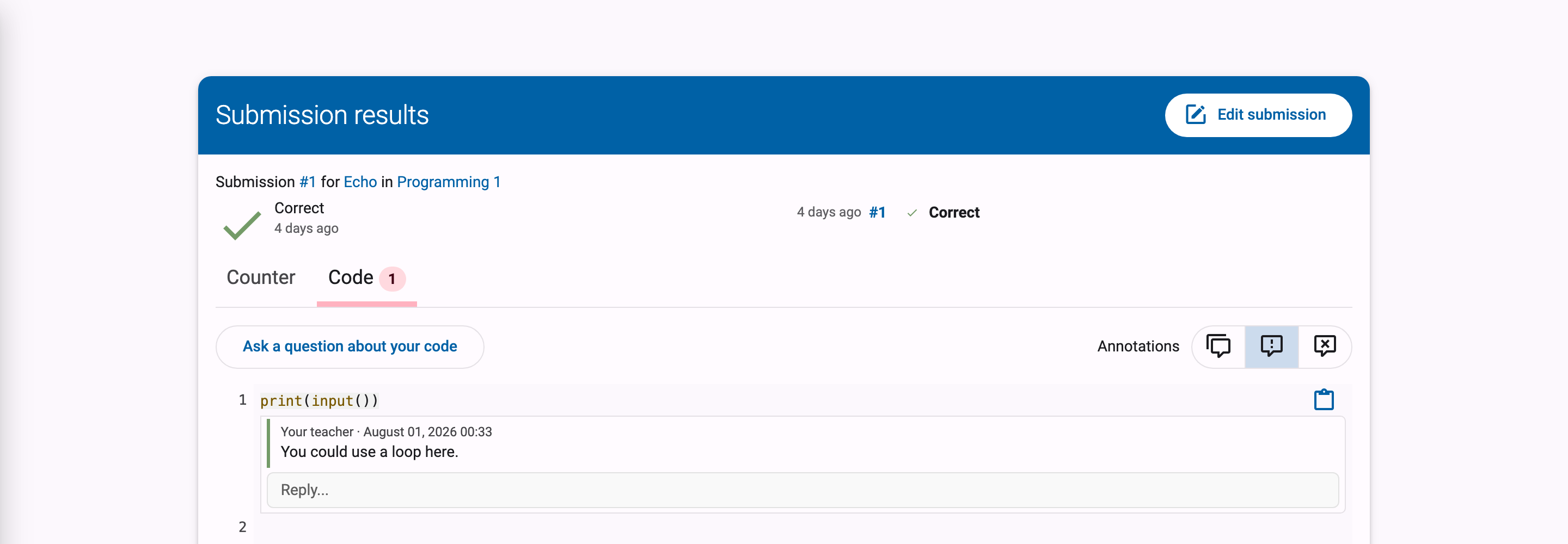 A teacher's comment on a line of code, with the Reply field below it