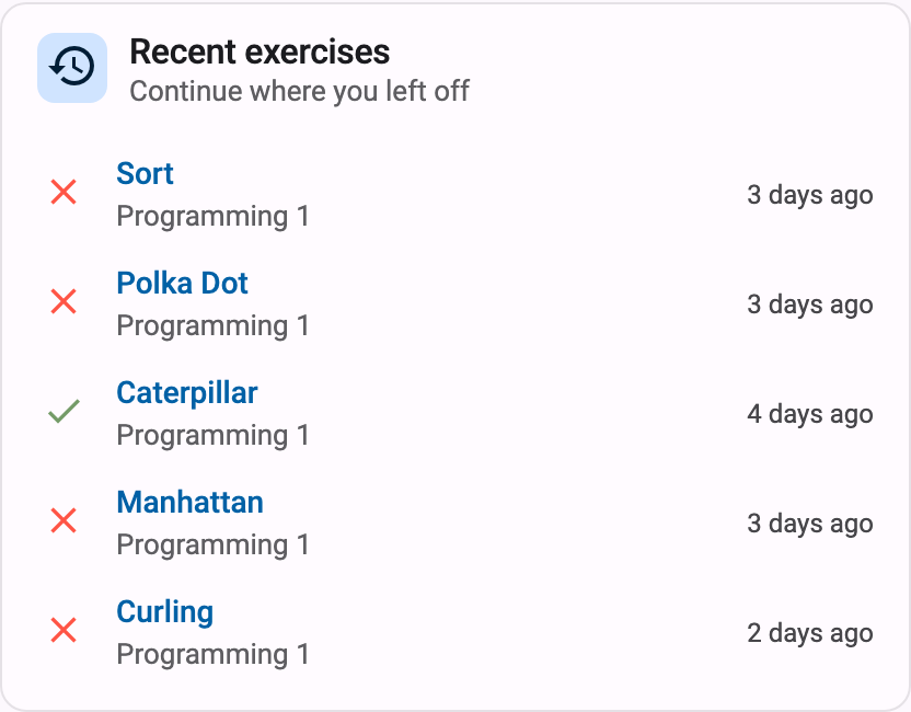 Recent exercises card on the homepage
