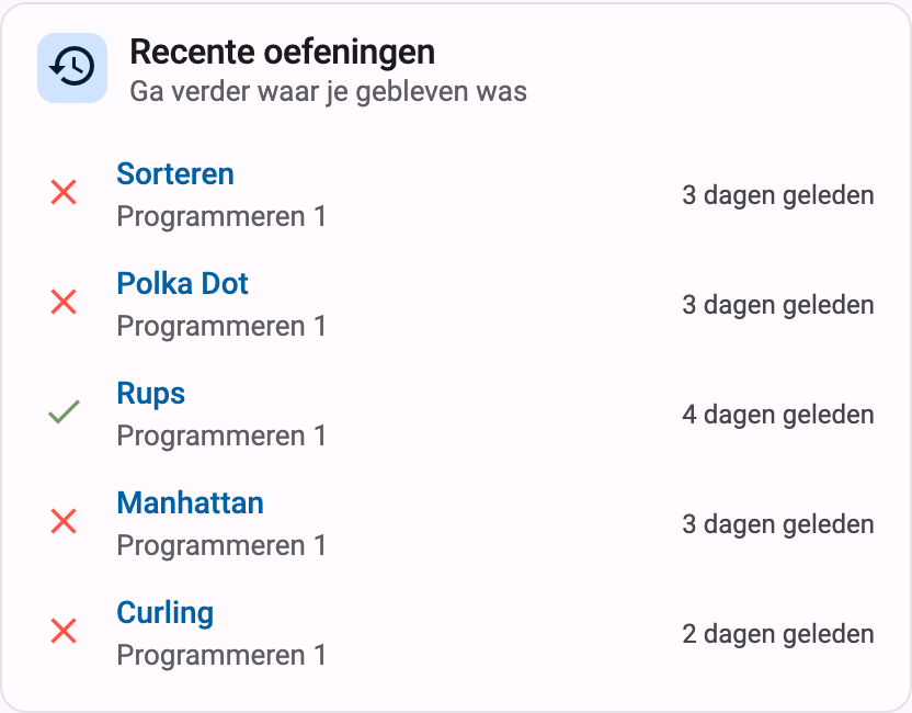 Kaart Recente oefeningen op de startpagina