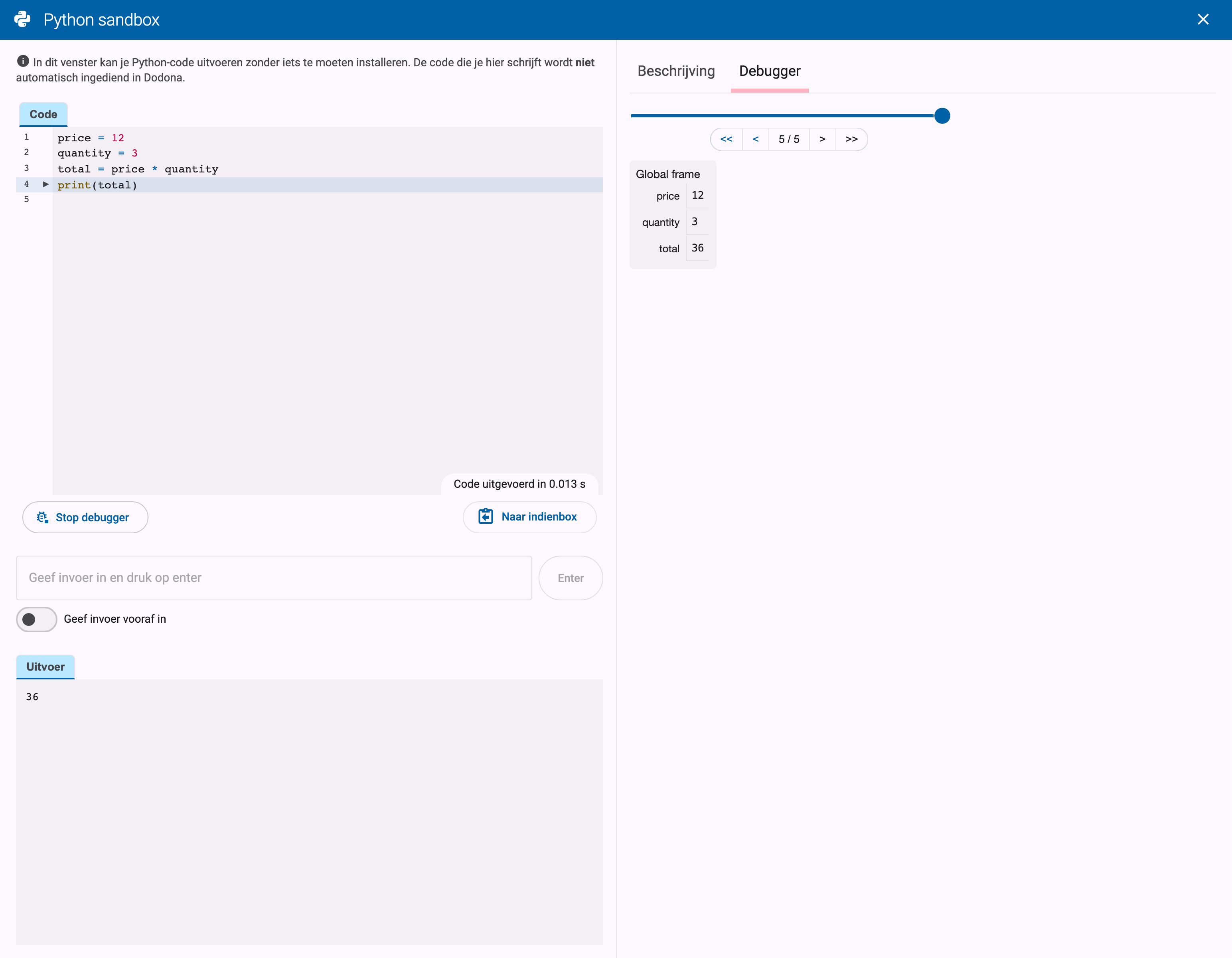 Tab Debugger met de schuifbalk, pijltjesknoppen, de variabelen van de huidige stap en de gemarkeerde huidige regel in de editor