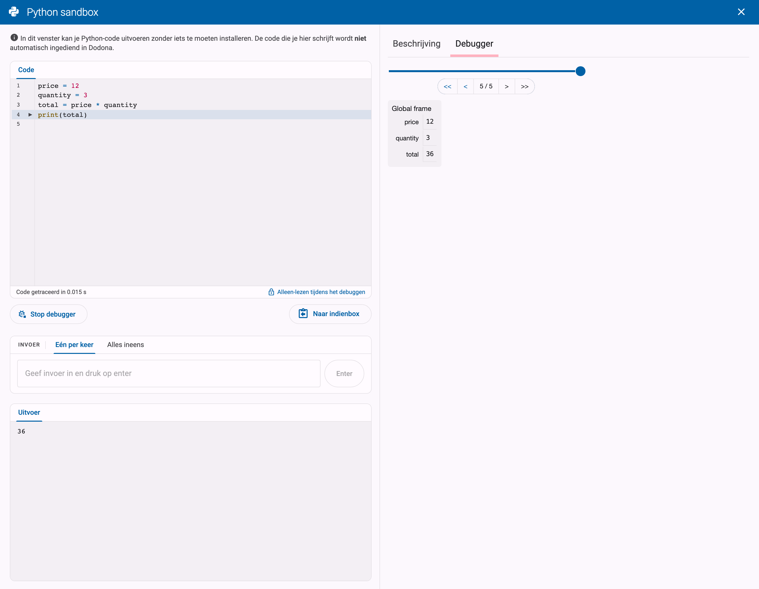 Tab Debugger met de schuifbalk, pijltjesknoppen, de variabelen van de huidige stap en de gemarkeerde huidige regel in de editor
