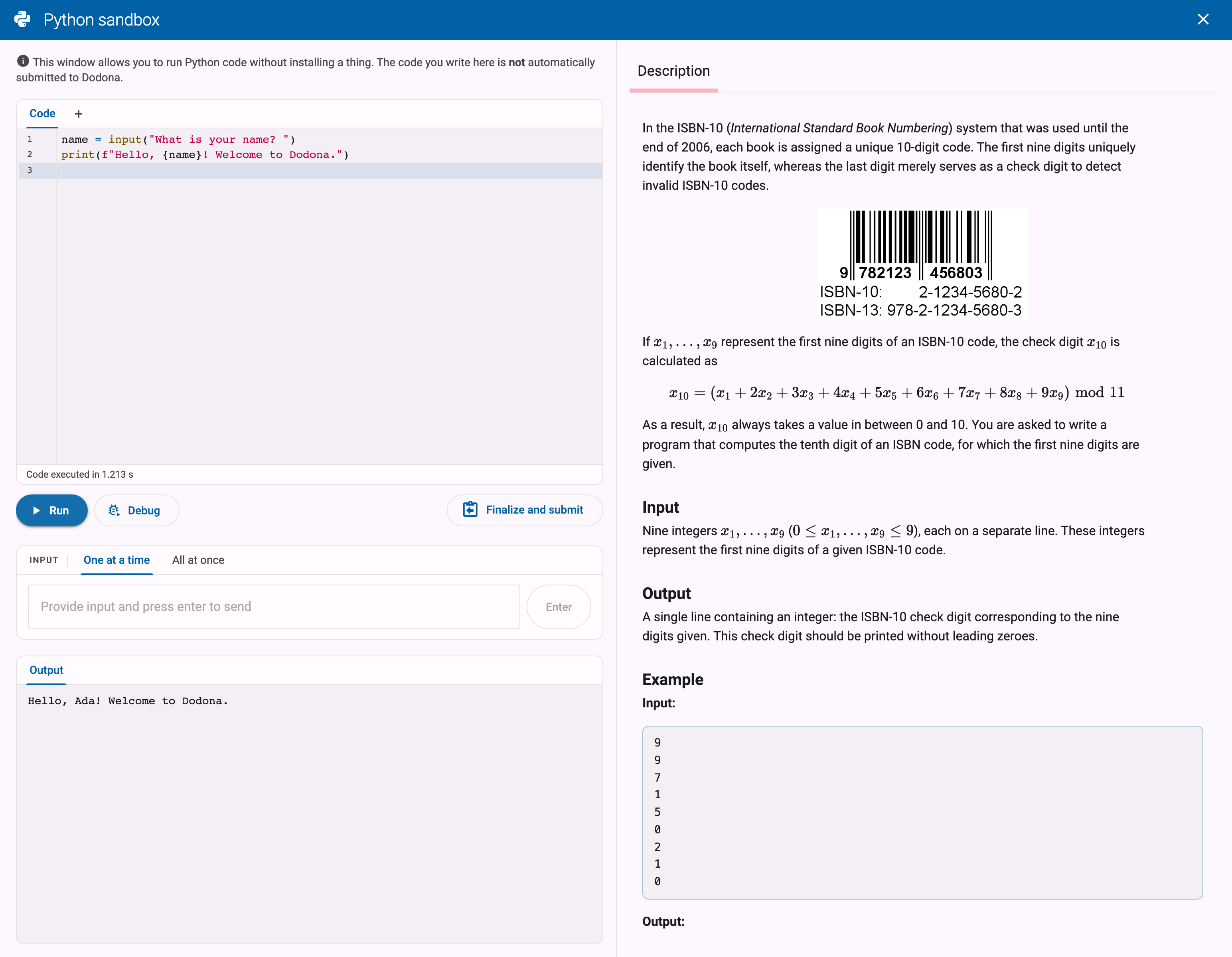 Python sandbox with a short program, its produced output, and the input field