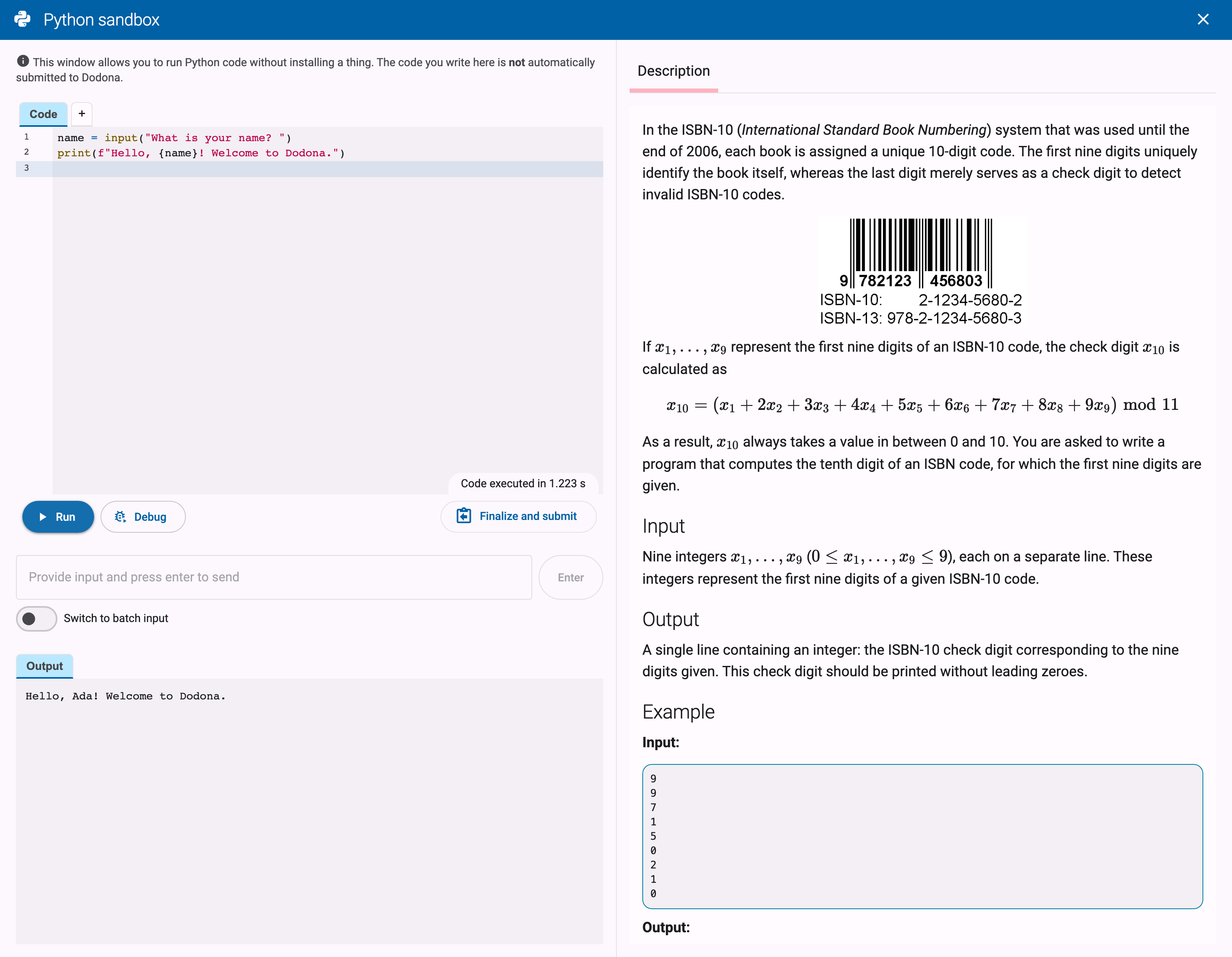 Python sandbox with a short program, its produced output, and the input field