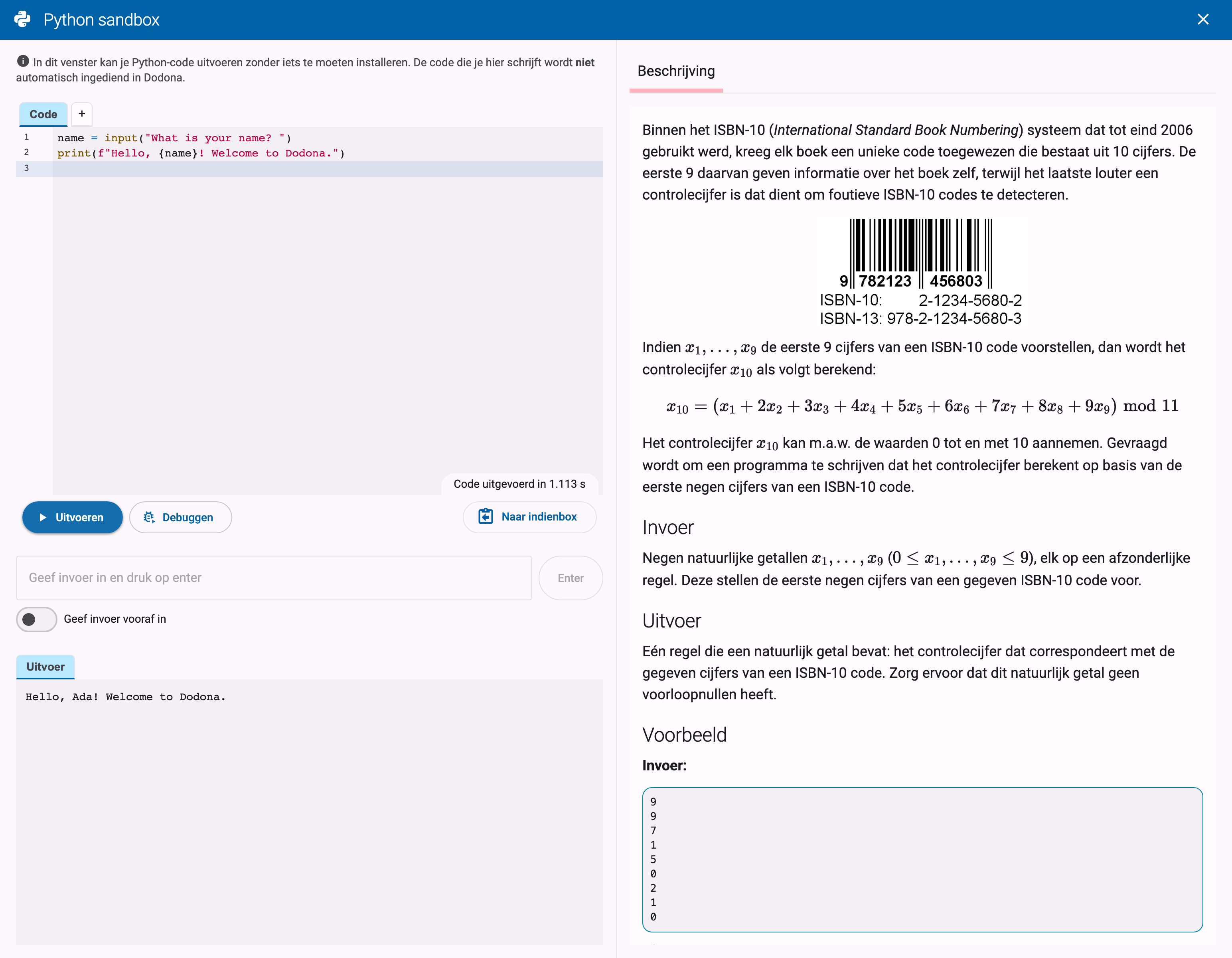 Python-sandbox met een kort programma, de geproduceerde uitvoer en het invoerveld