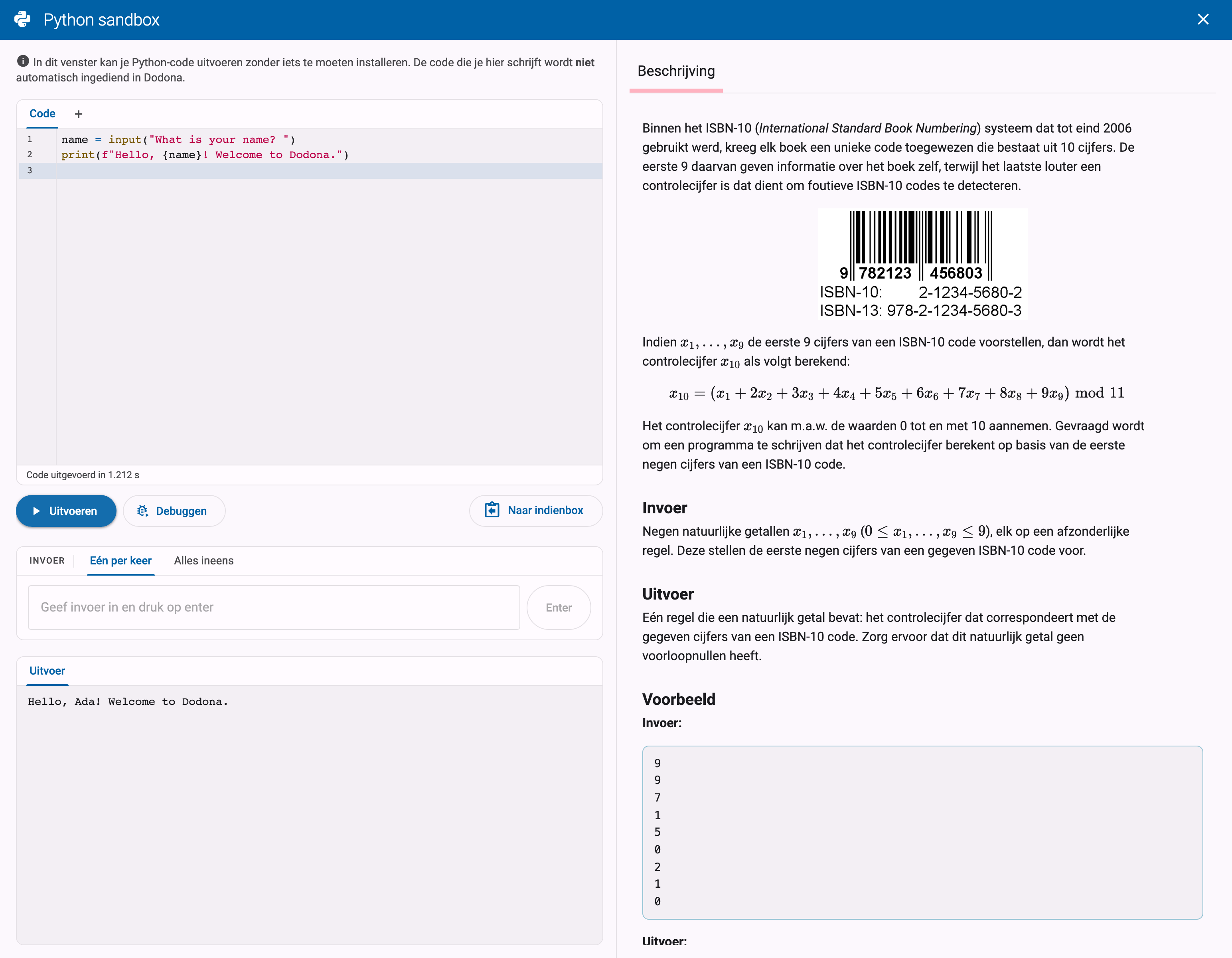 Python-sandbox met een kort programma, de geproduceerde uitvoer en het invoerveld