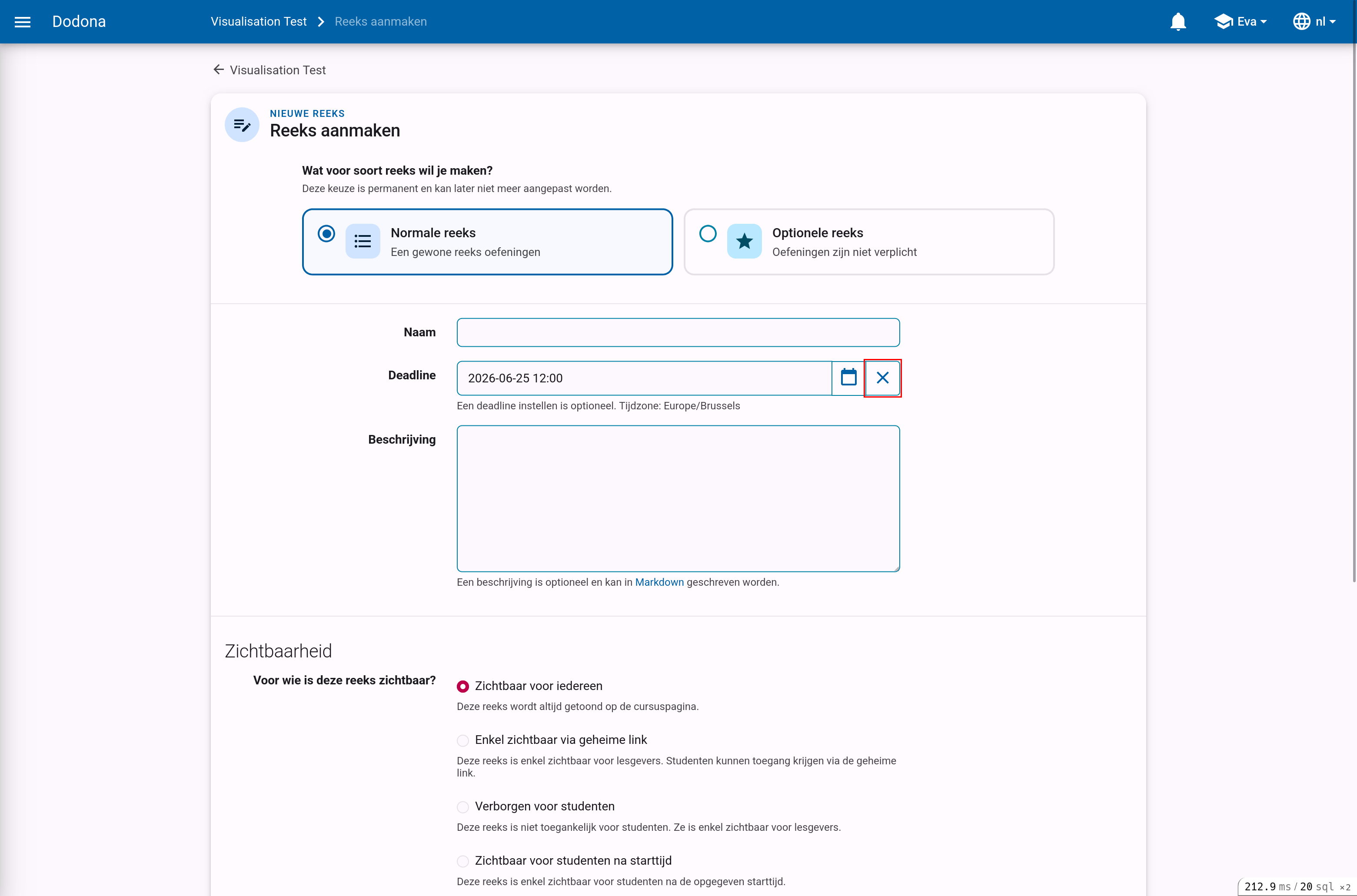 Deadlineveld met de verwijderknop om de ingestelde deadline te wissen