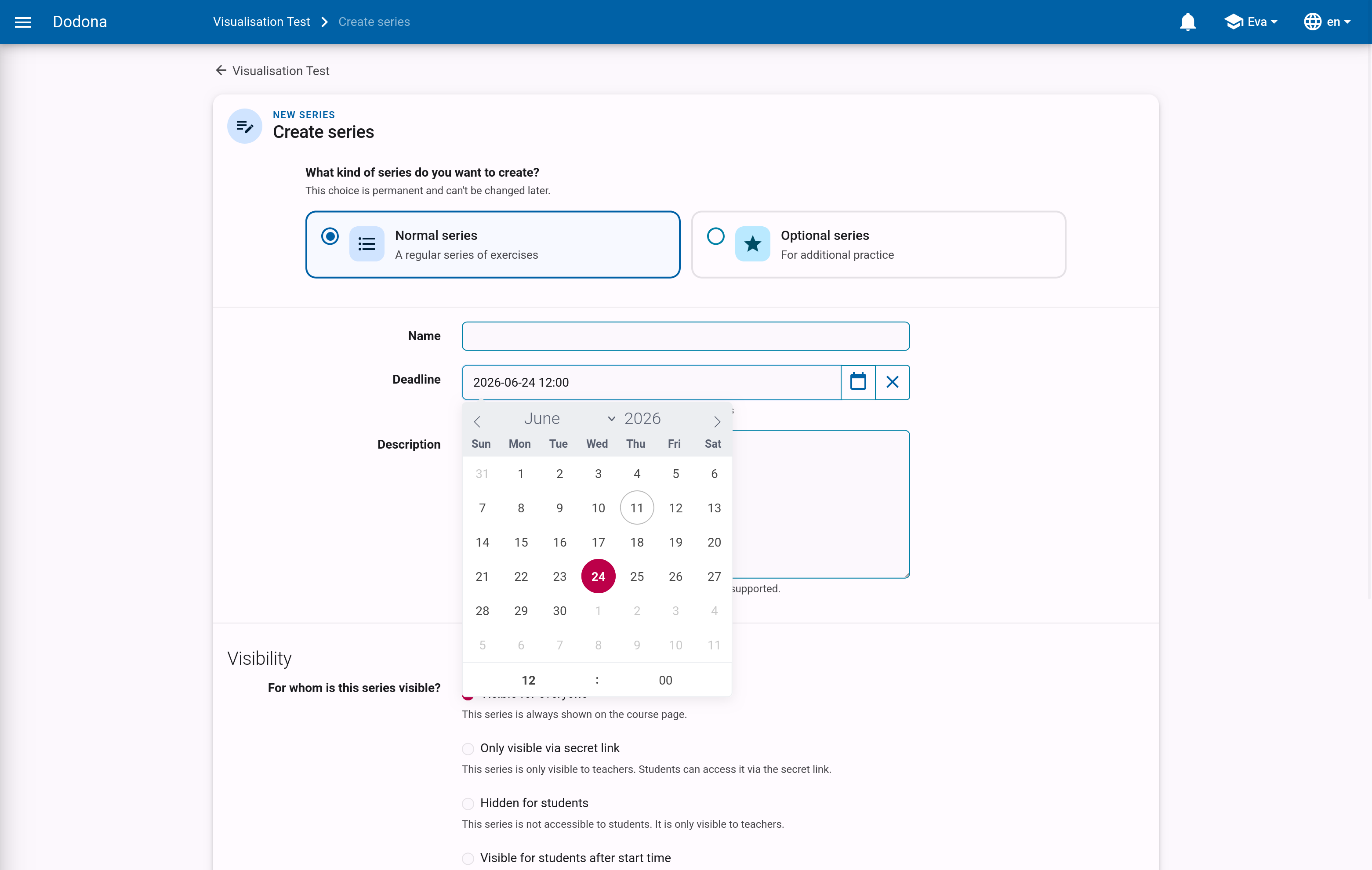 Deadline field with the date picker calendar open