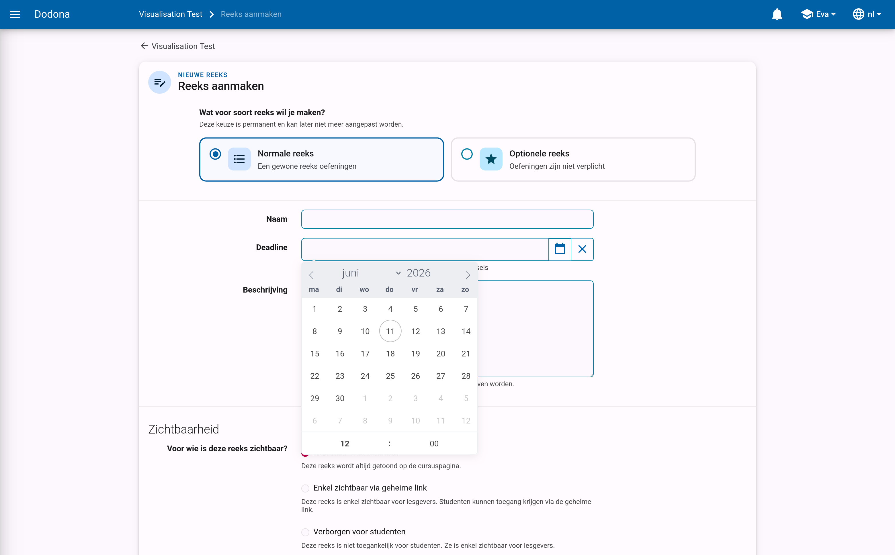 Deadlineveld met de kalender voor datumkeuze geopend
