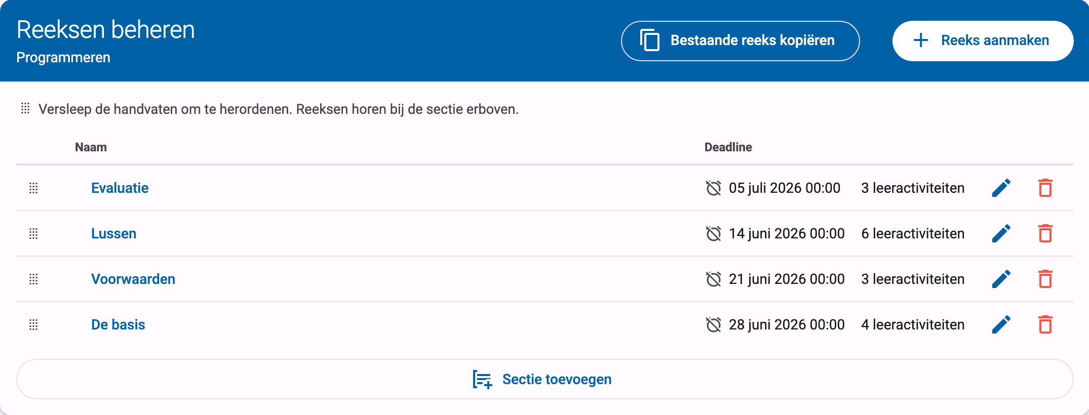 Pagina Reeksen beheren met sleepgreep, bewerk- en verwijderknop per rij
