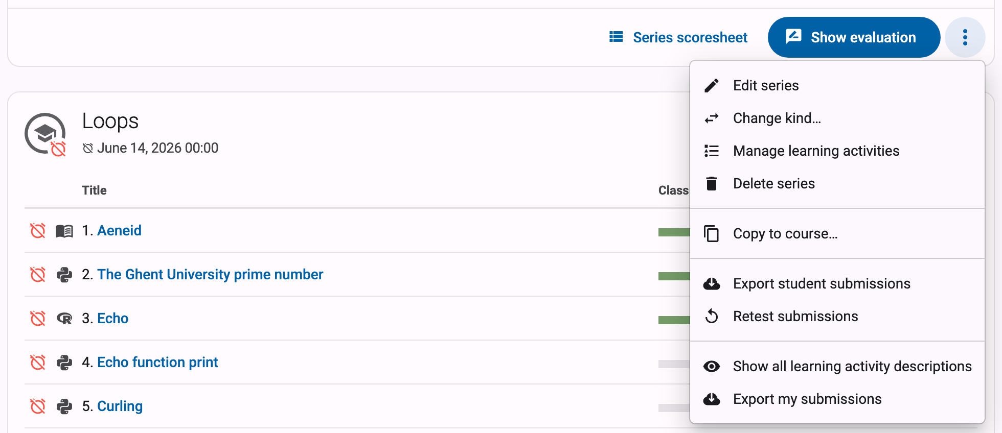 Series card bottom bar with the open action menu showing the Export student submissions row