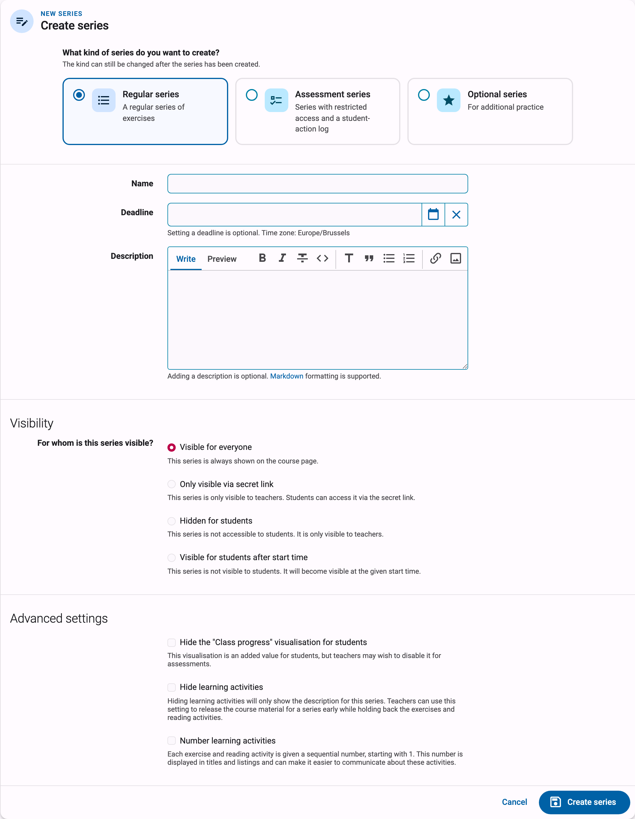 Series form with the kind picker, name, deadline, description editor, and visibility options