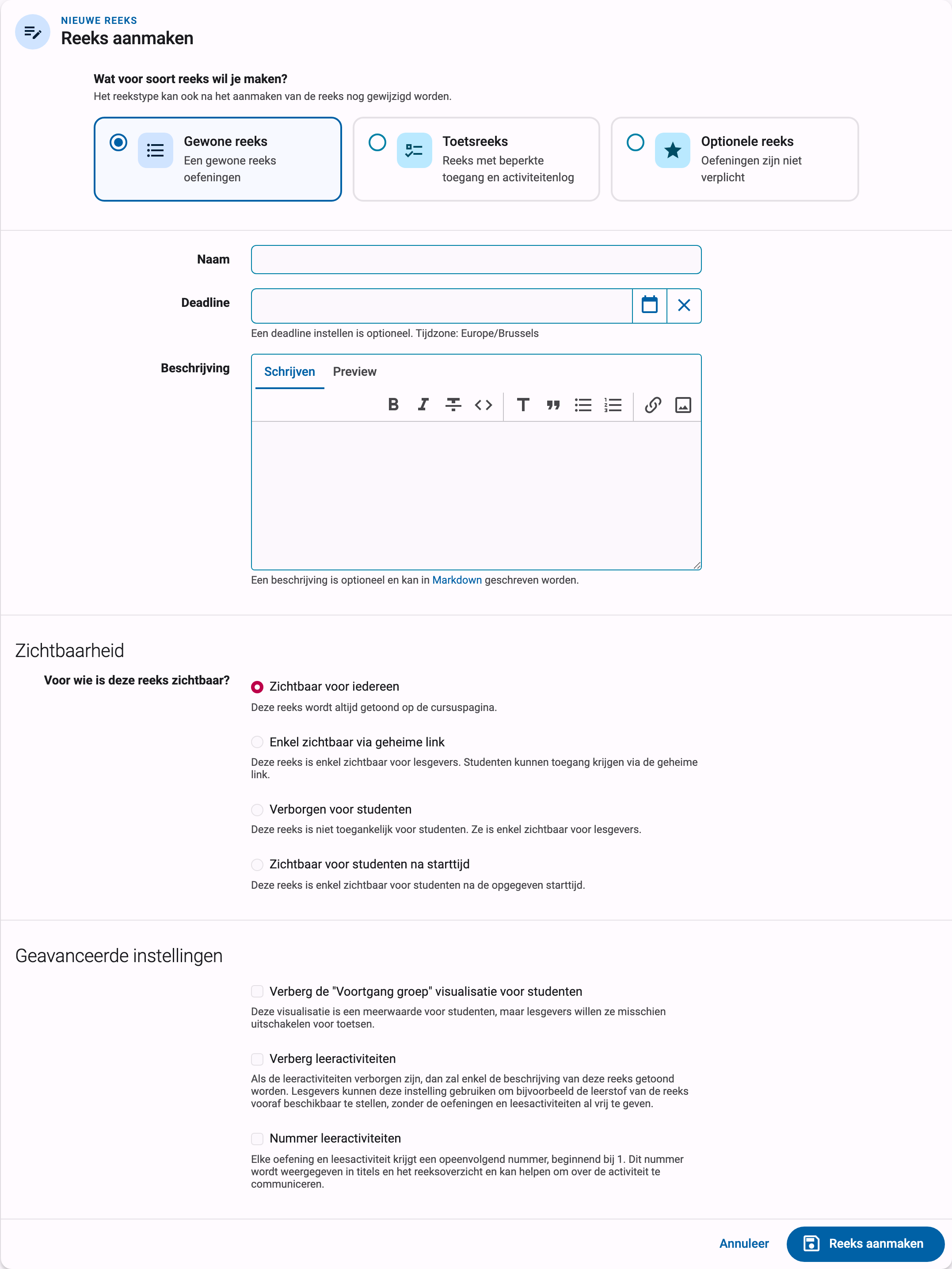 Reeksformulier met de soortkeuze, naam, deadline, beschrijvingseditor en zichtbaarheidsopties