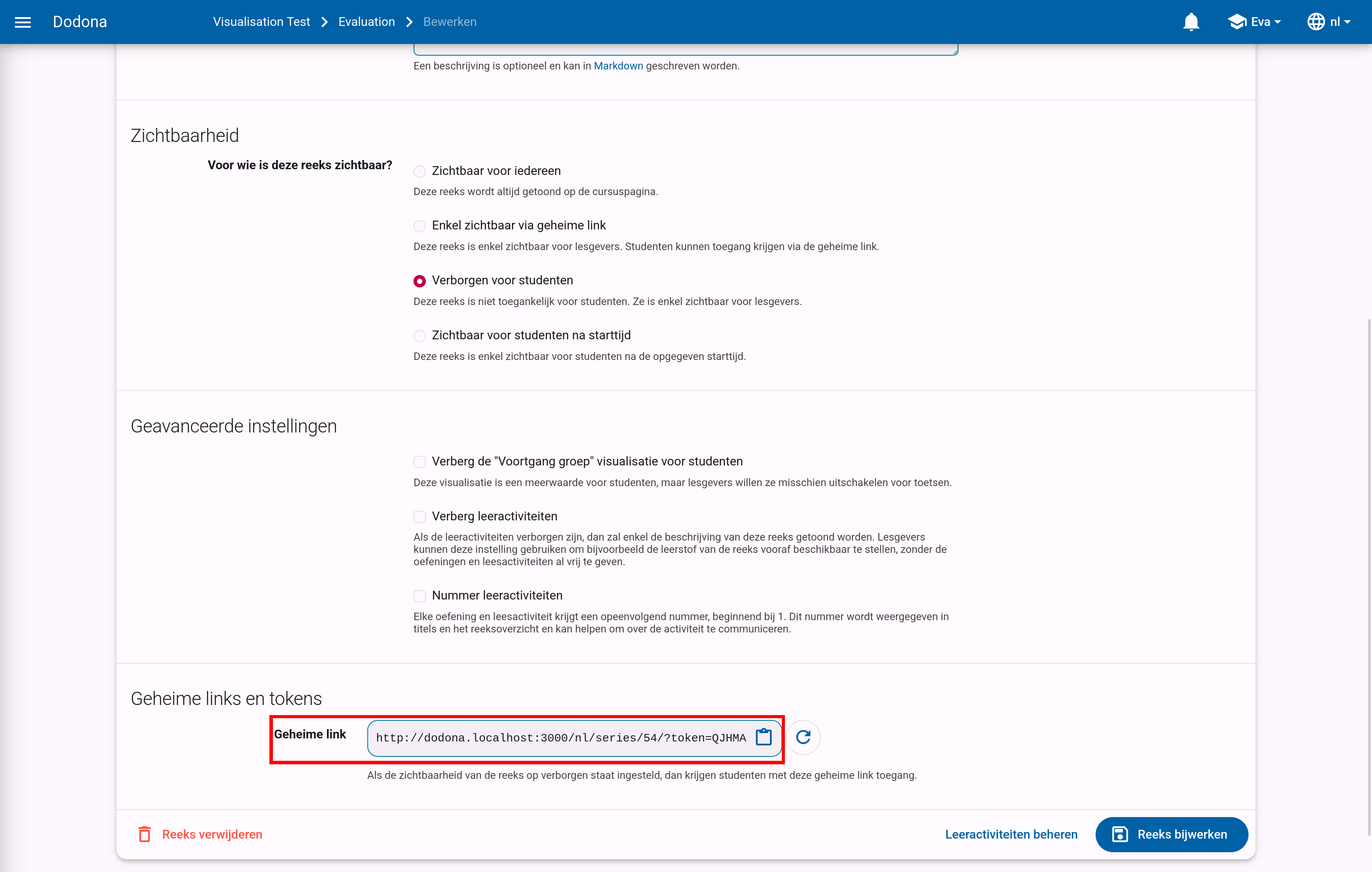 Veld met de geheime link onderaan de bewerkpagina van de reeks