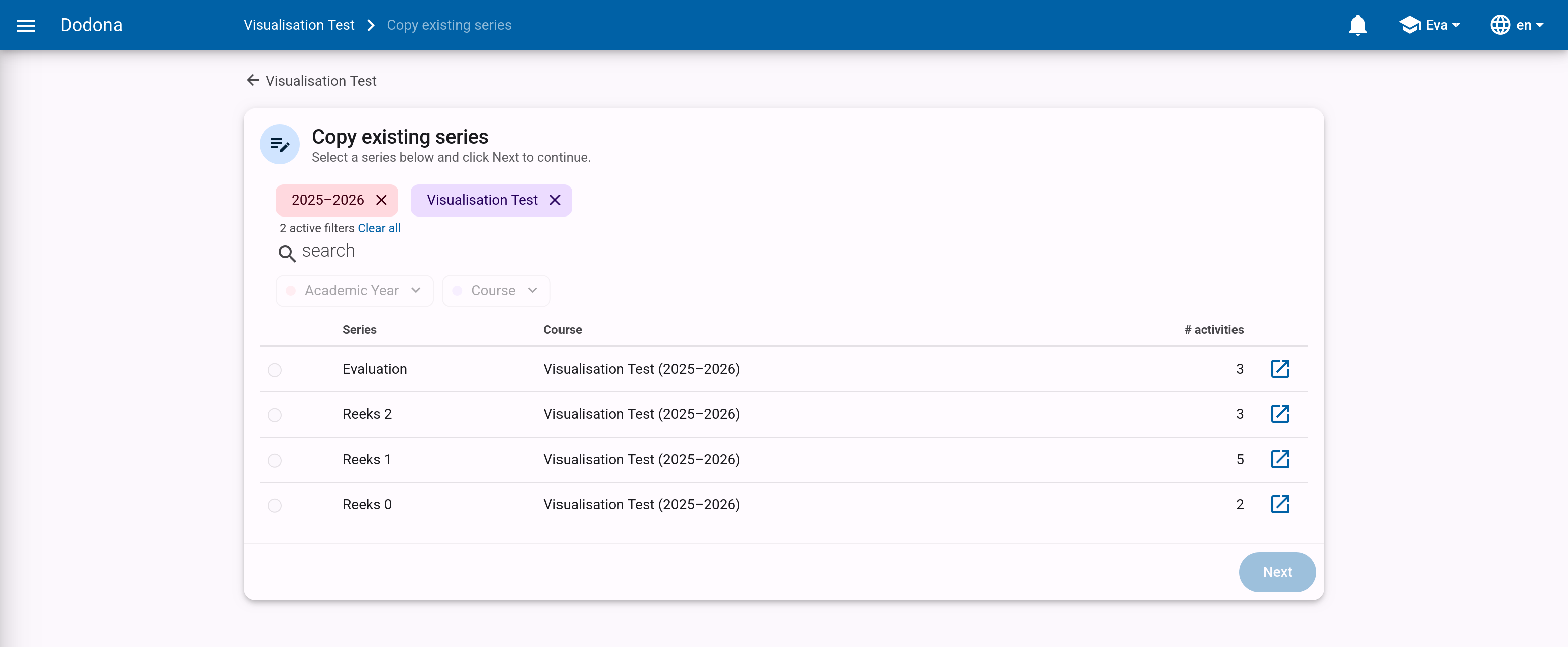 Copy series dialog listing series from the current course