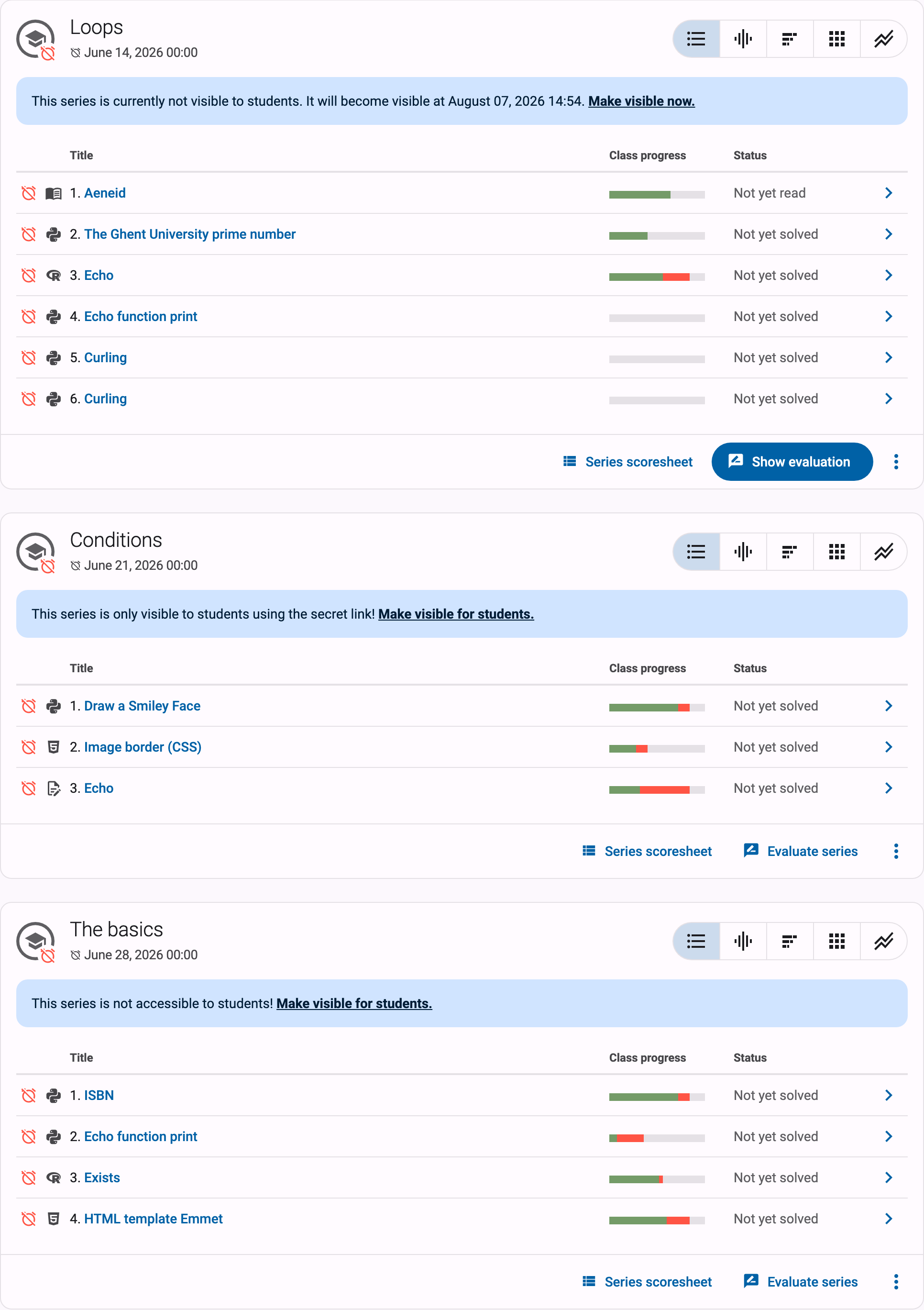 Three series cards on the course page, each showing its blue visibility banner: hidden for students, only visible via secret link, and visible after a start time