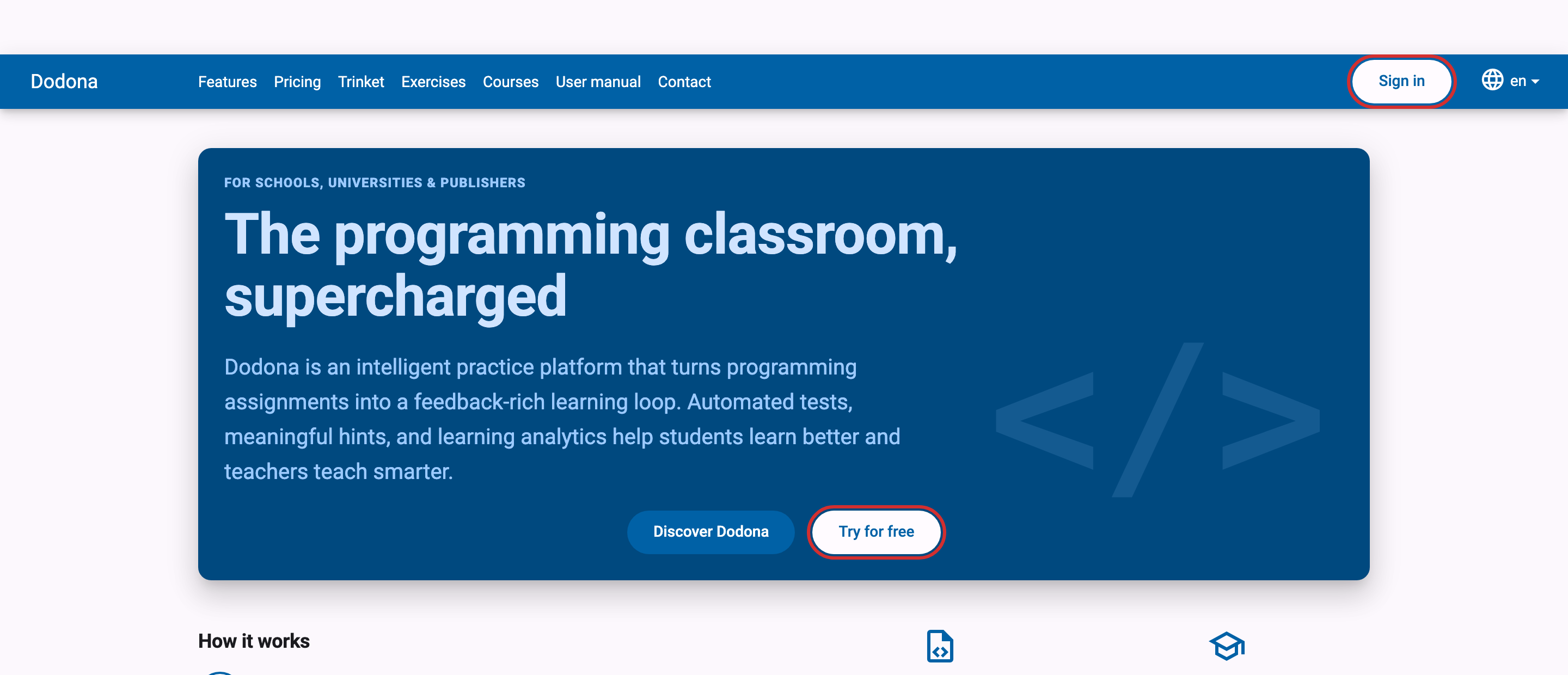 Sign in link in the navigation bar and Try for free button on the landing page, both highlighted